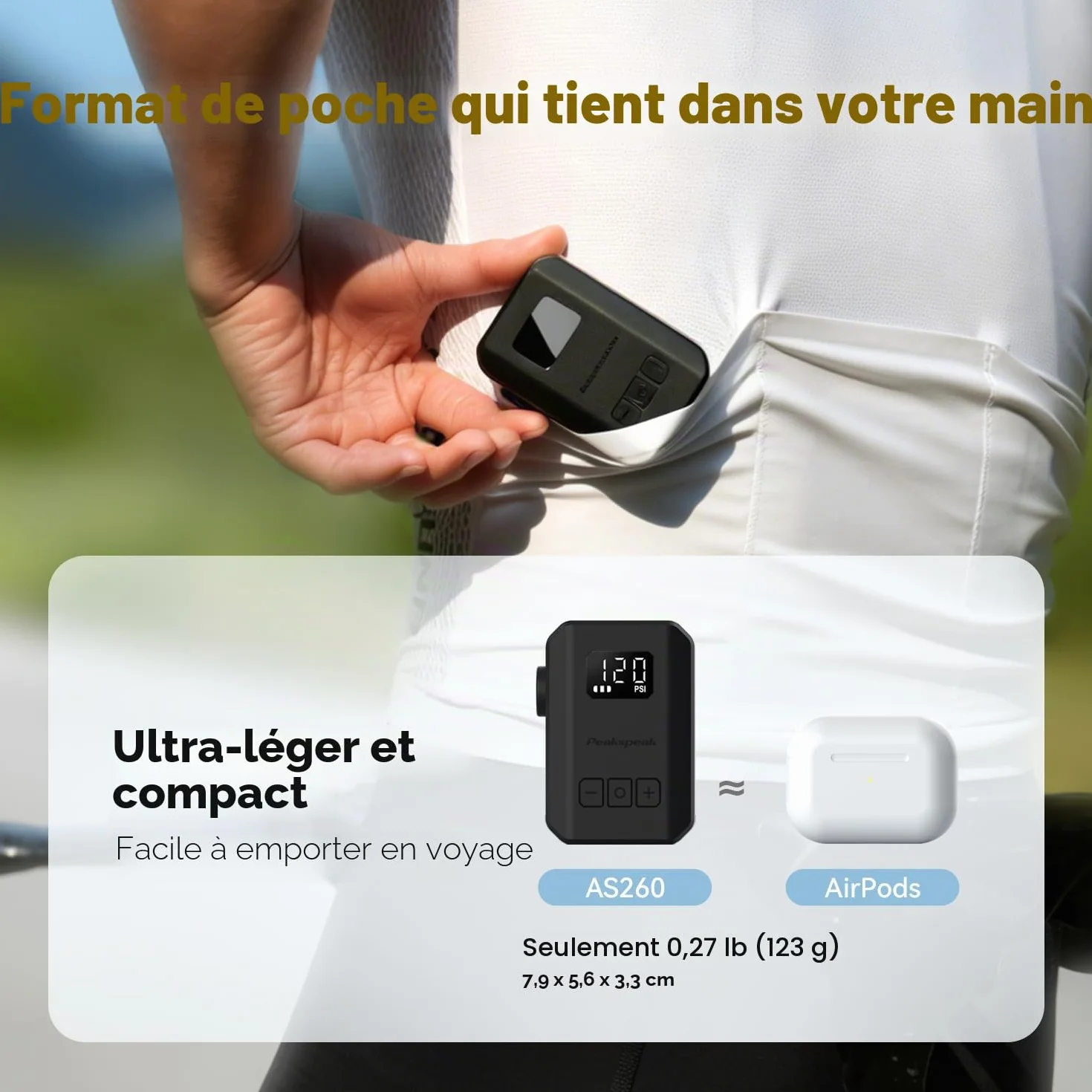 Peakspeak Mini Pompe à vélo AS260PRO, Pompe à vélo avec manomètre et Auto-Stop, Rechargeable USB-C, gonflage précision valves Presta/Schrader, vélo Route, VTT et Moto