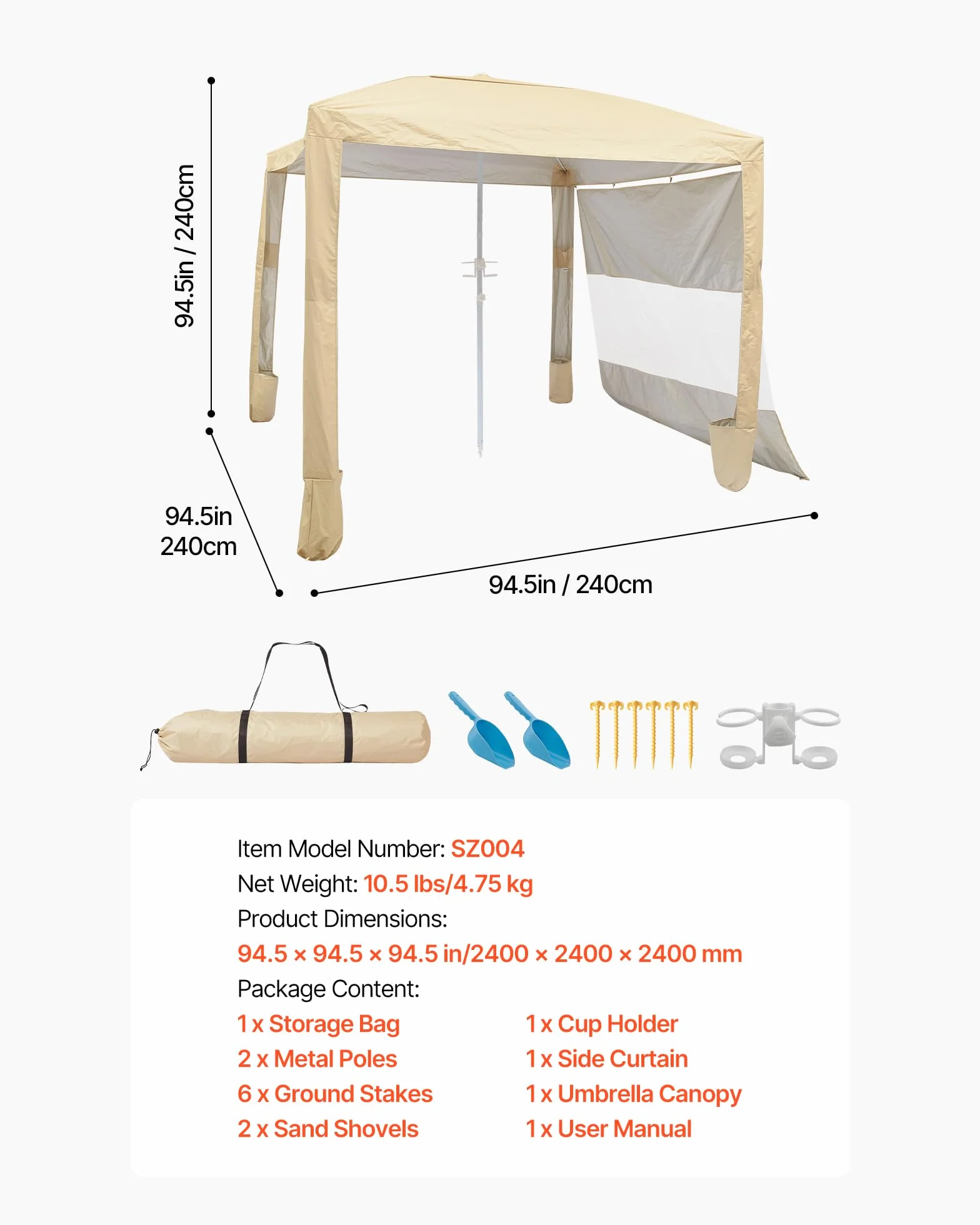 VEVOR Tonnelle de Plage 2,4 x 2,4 m, Abri de Plage avec Parois Latérales et Poches à Sable, Tente Portable pour Camping Extérieur, Protection UPF 50+, Hauteur Réglable, Espace Ombragé Spacieux, Kaki