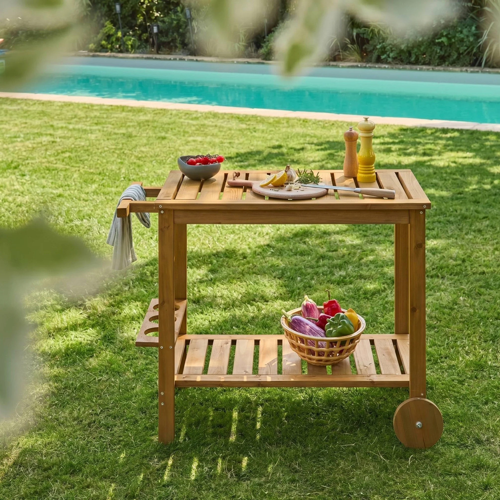 sweeek Desserte extérieure 95 cm en Bois avec Roues et poignée Naturel 95x47x74 cm
