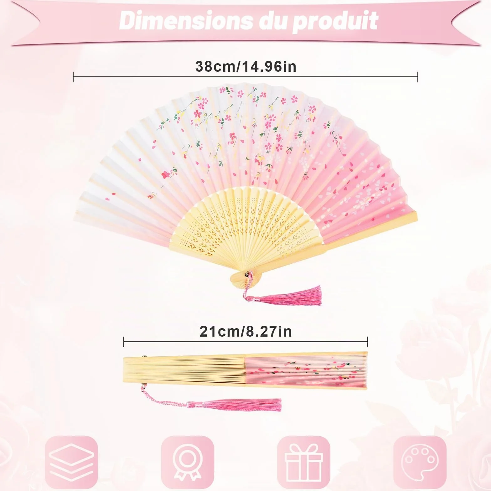 KEYIDO Rose Eventail Japonais Éventail Solide Bois Tissu Soie Bambou Chinois Plié avec Frange pour Femme