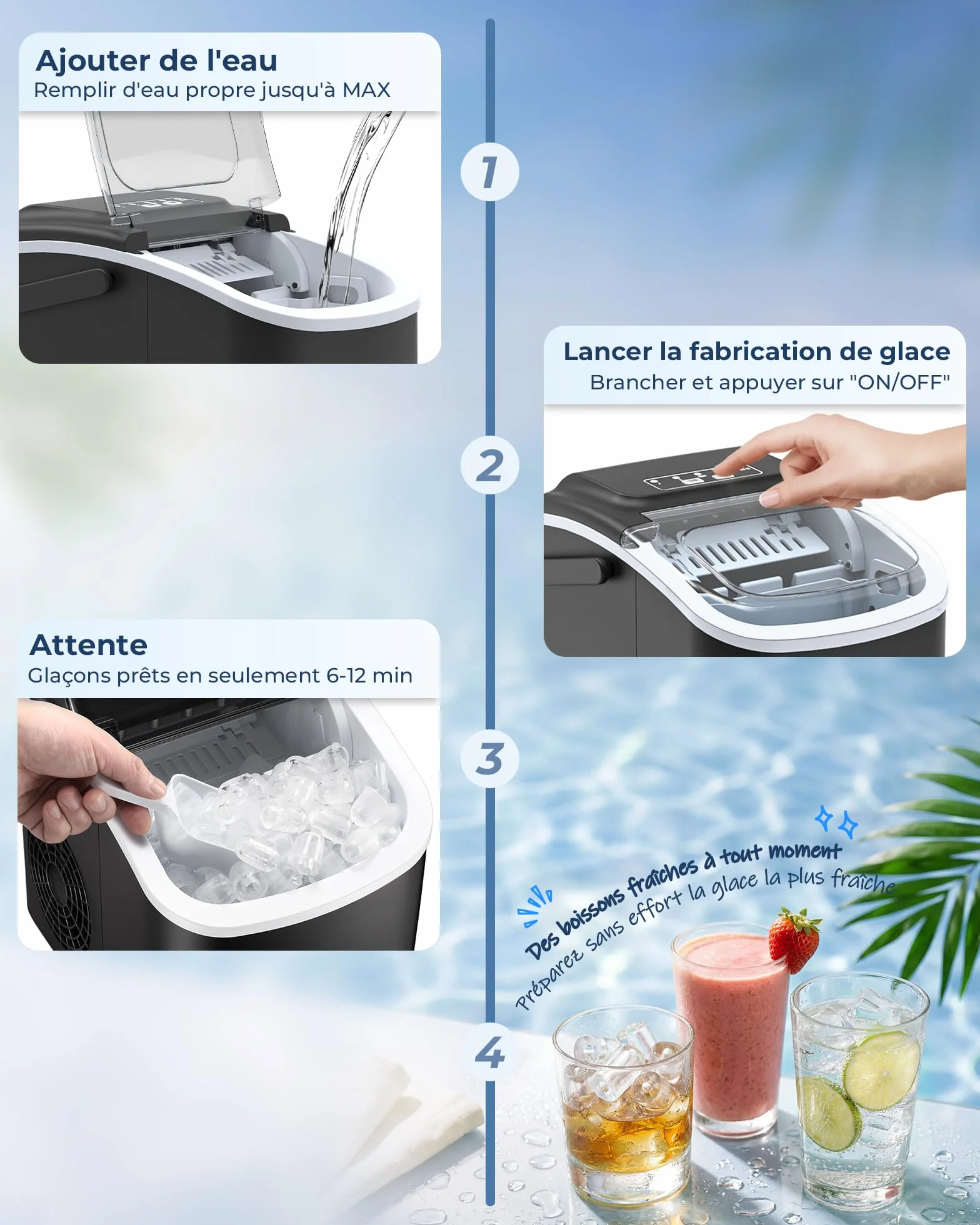 WELLENT Machine à Glaçons de Comptoir, 8 Glaçons en 6 Min, Capacité 12KG/24H, 2 Tailles, Portable avec Auto-Nettoyage