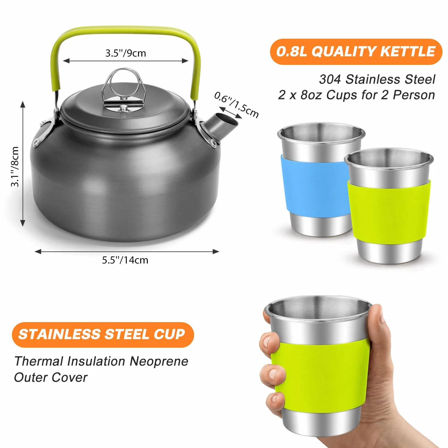 Odoland Multi-PCS Kit de Casseroles Camping, Cookware Kit en Alliage d'Alu, Légère, Durable et Compact avec Réchaud de Camping, Bouilloire, Tasse pour Pêche/Survie/Randonnée/Outdoor/Pique-Nique