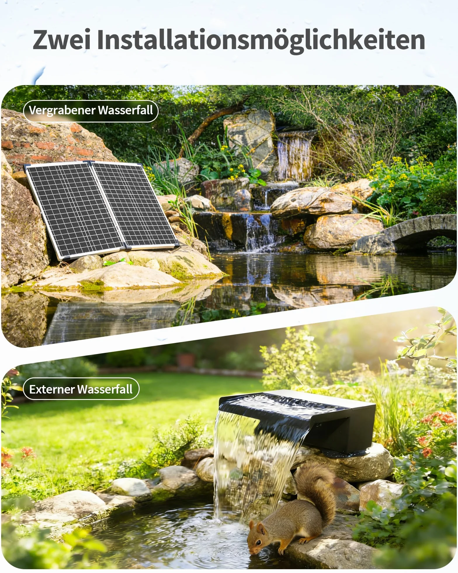 POPOSOAP Cascade de Bassin Solaire 70W, Bac Acier Inoxydable 30cm, Pompe 2500 L/h, Tuyau 3m