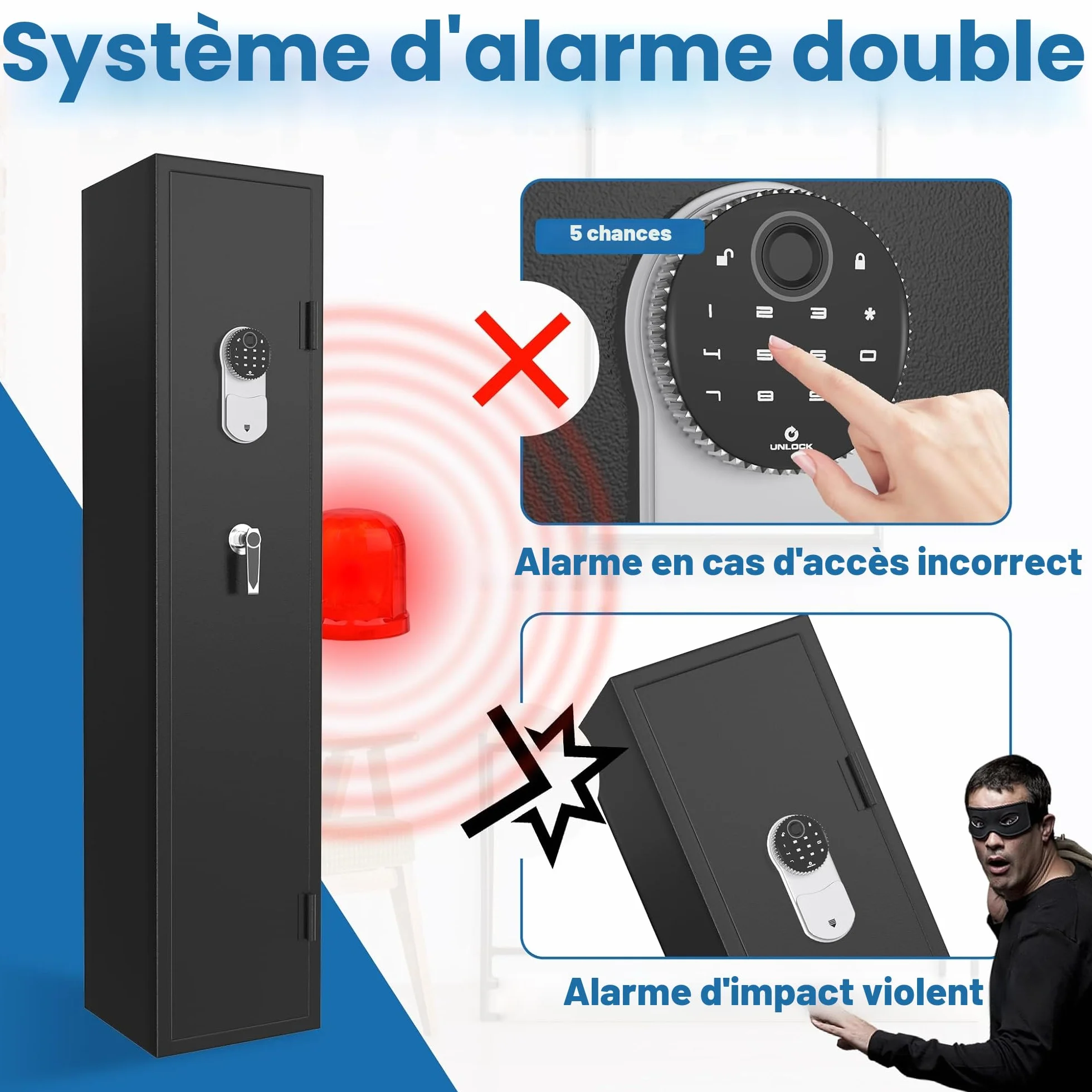 UISEBRT Armoire à armes pour 3 à 5 fusils - Armoire à munitions - Avec serrure électronique et empreintes digitales - Réglable - Pour armes longues, pistolets et munitions