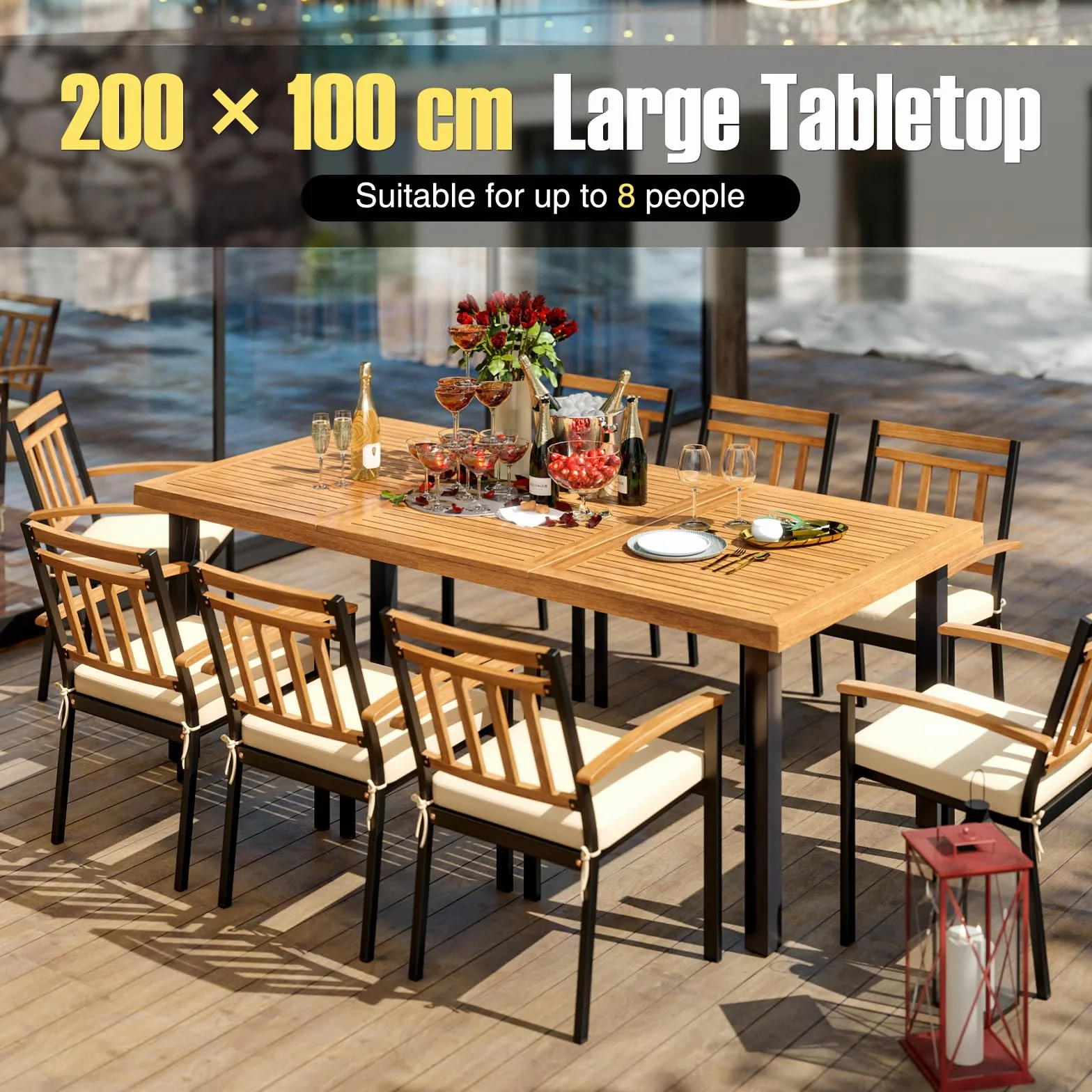 KOMFOTTEU Table de Jardin avec Trou pour Parasol 200x100x75 cm Bois d'Acacia Métal 8 Personnes