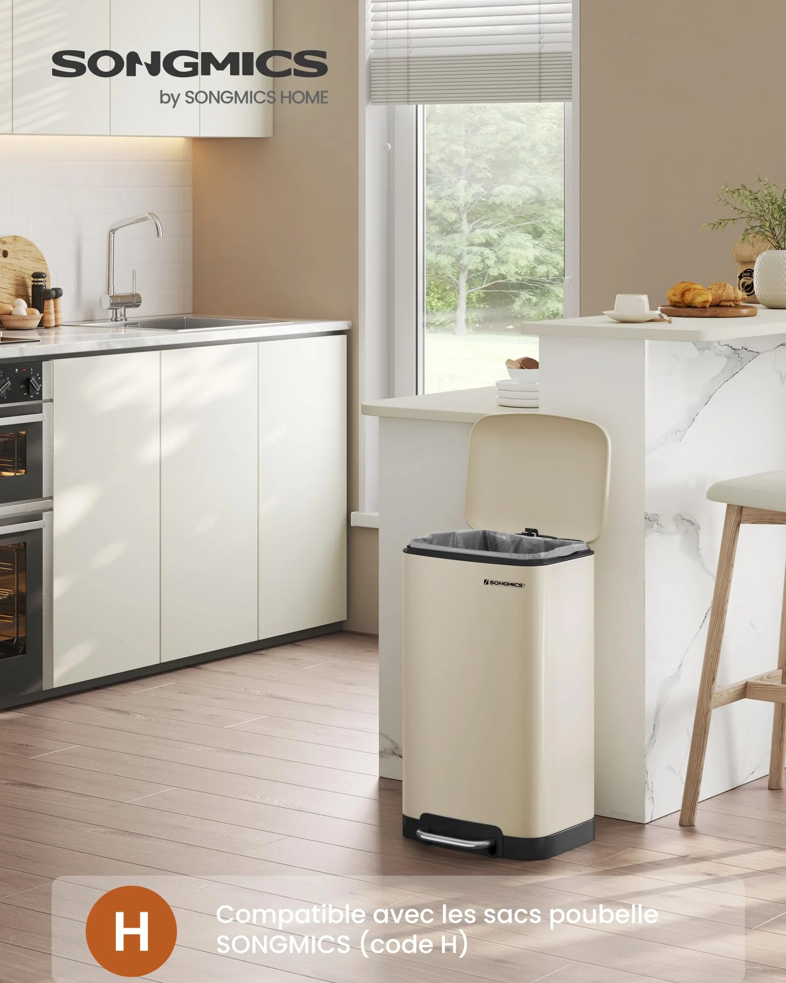 SONGMICS Poubelle de Cuisine 30L Acier Pédale Couvercle Seau Intérieur Fermeture en Douceur Blanc LTB001A01
