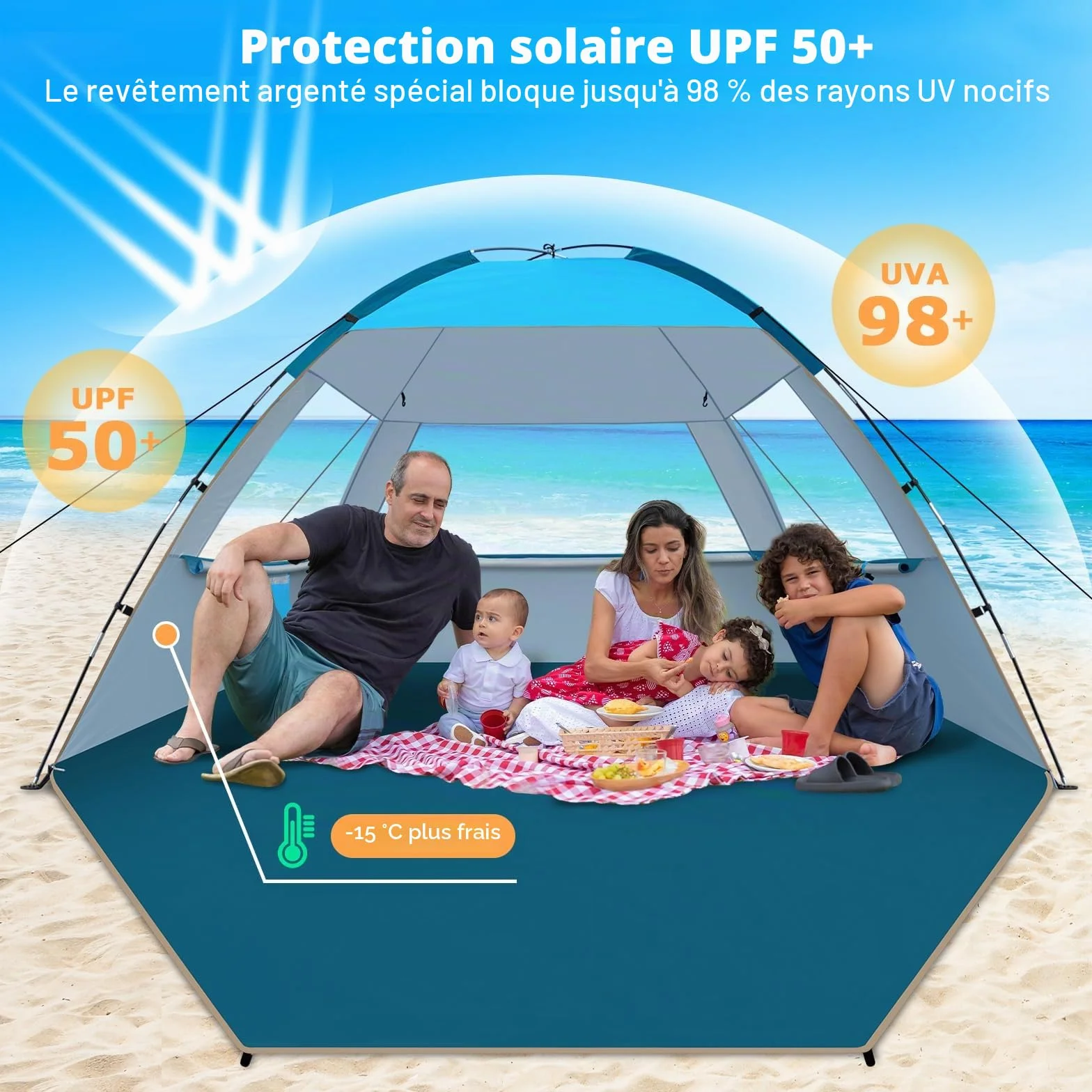 COMMOUDS Tente de Plage Anti UV pour 3-4 Personnes, Familiale, Facile à Installer Et à Transporter - Parasol pour Camping, Pêche, Extérieur
