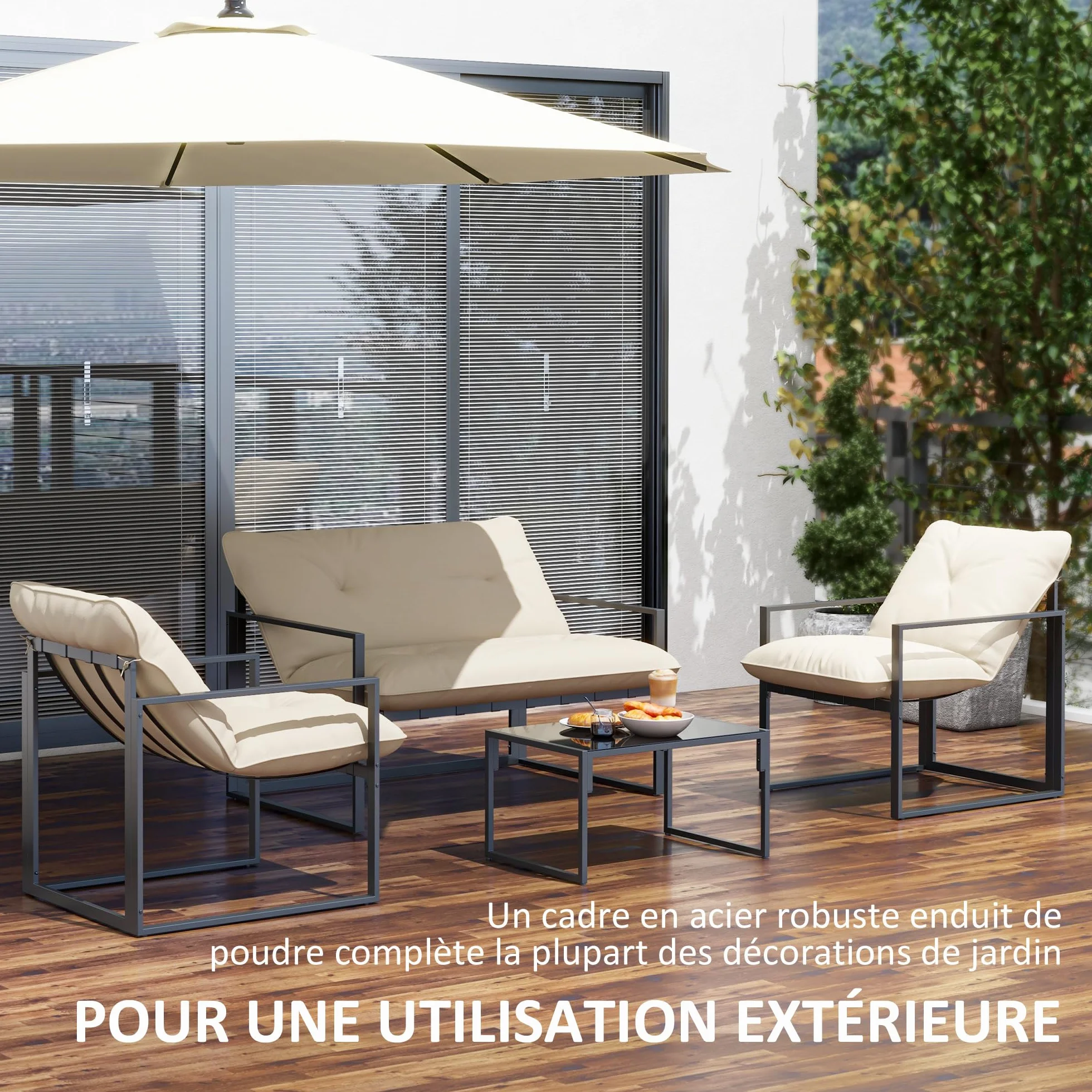 Outsunny Salon de Jardin 4 pièces Coussins Ultra-épais 15cm Ensemble mobilier Bas pour terrasse Canapé 2 Places Table Basse 2 Fauteuils Cadre Acier Noir