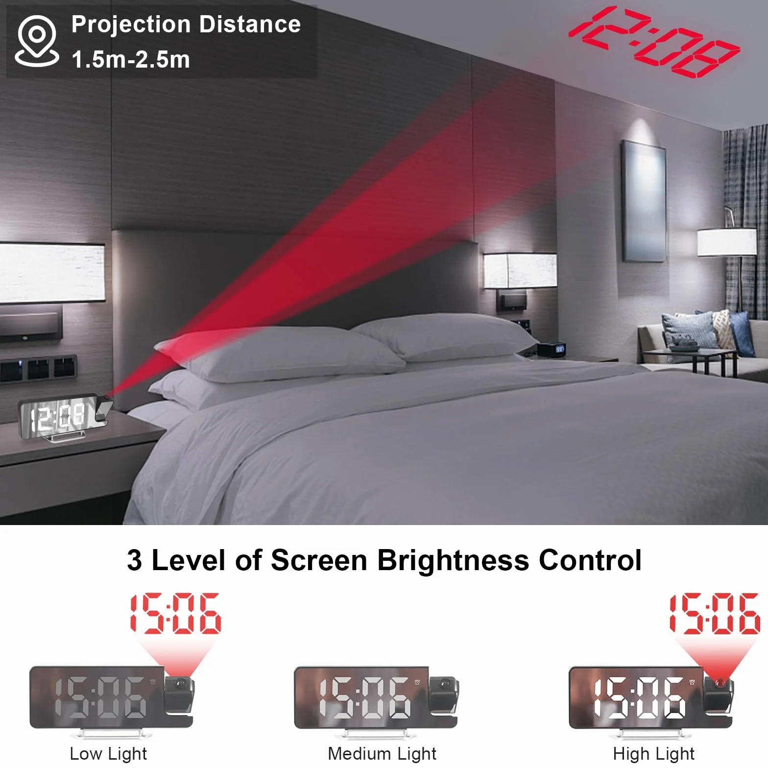 Cuteefun Réveil Projecteur Plafond LED avec Affichage Température Snooze 12H/24H