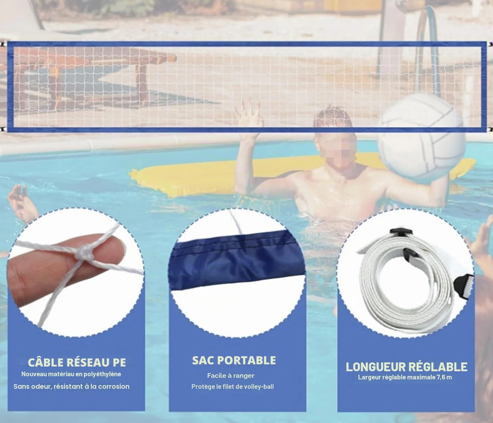 Filet de volley-ball de piscine de rechange portable de 4,5 x 0,9 m, équipement de sport résistant pour la natation, accessoire de jeu robuste pour les activités nautiques en plein air et les fêtes