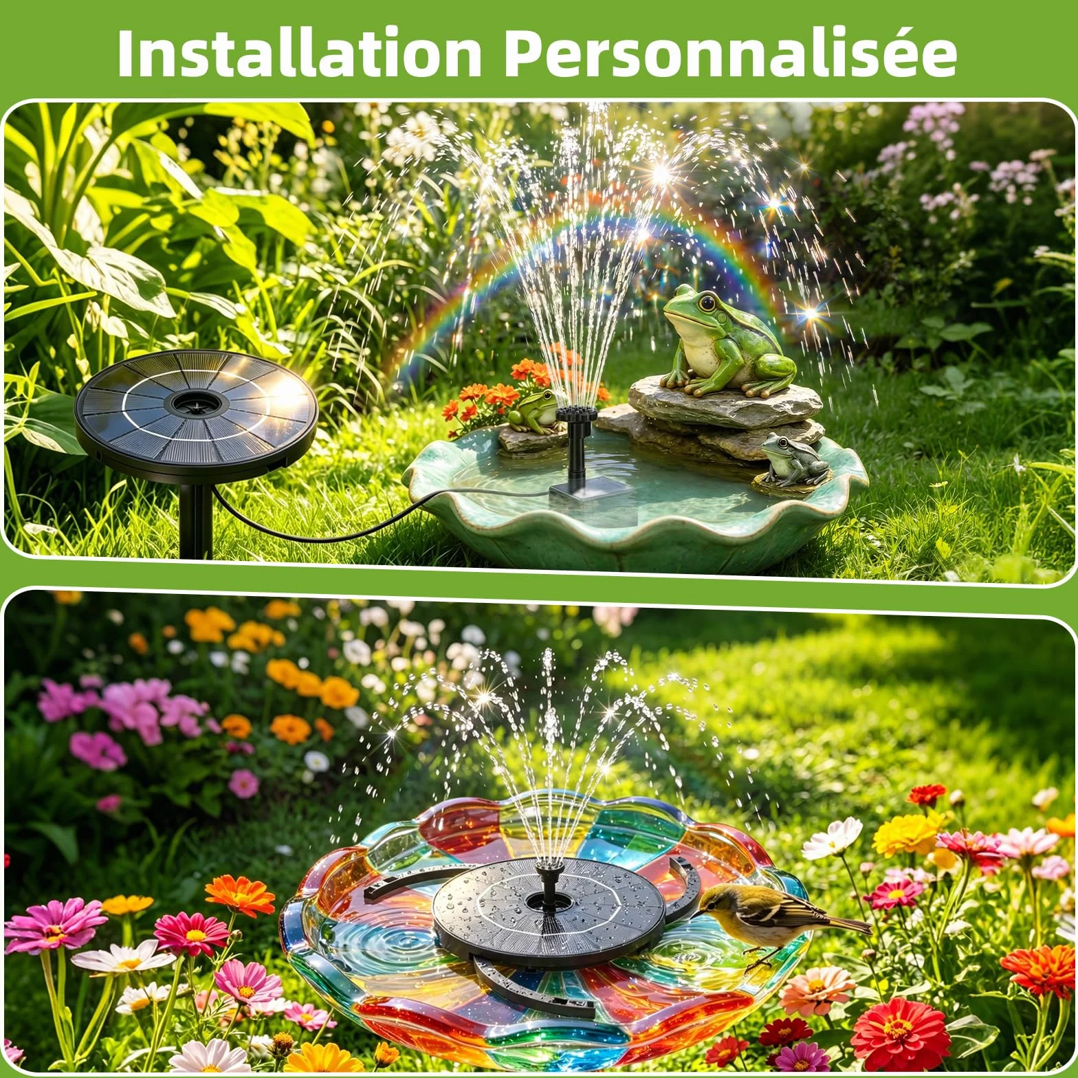 Fontaine Solaire Exterieure de Jardin 2,8W 2 en 1 avec Panneau Solaire Amovible Support Fixe 6 Buses