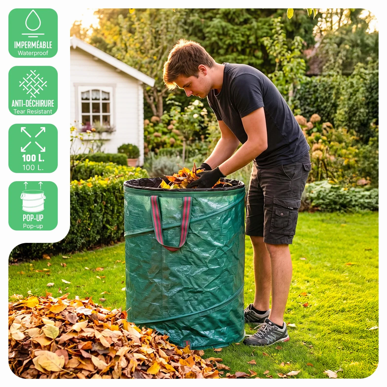 VOUNOT Lot de 3 Sac de Jardin Pop up 100L Polyéthylène Poignées Seau Réutilisable Feuille Sacs déchets Ultra Résistants Pliable Poubelle Vert