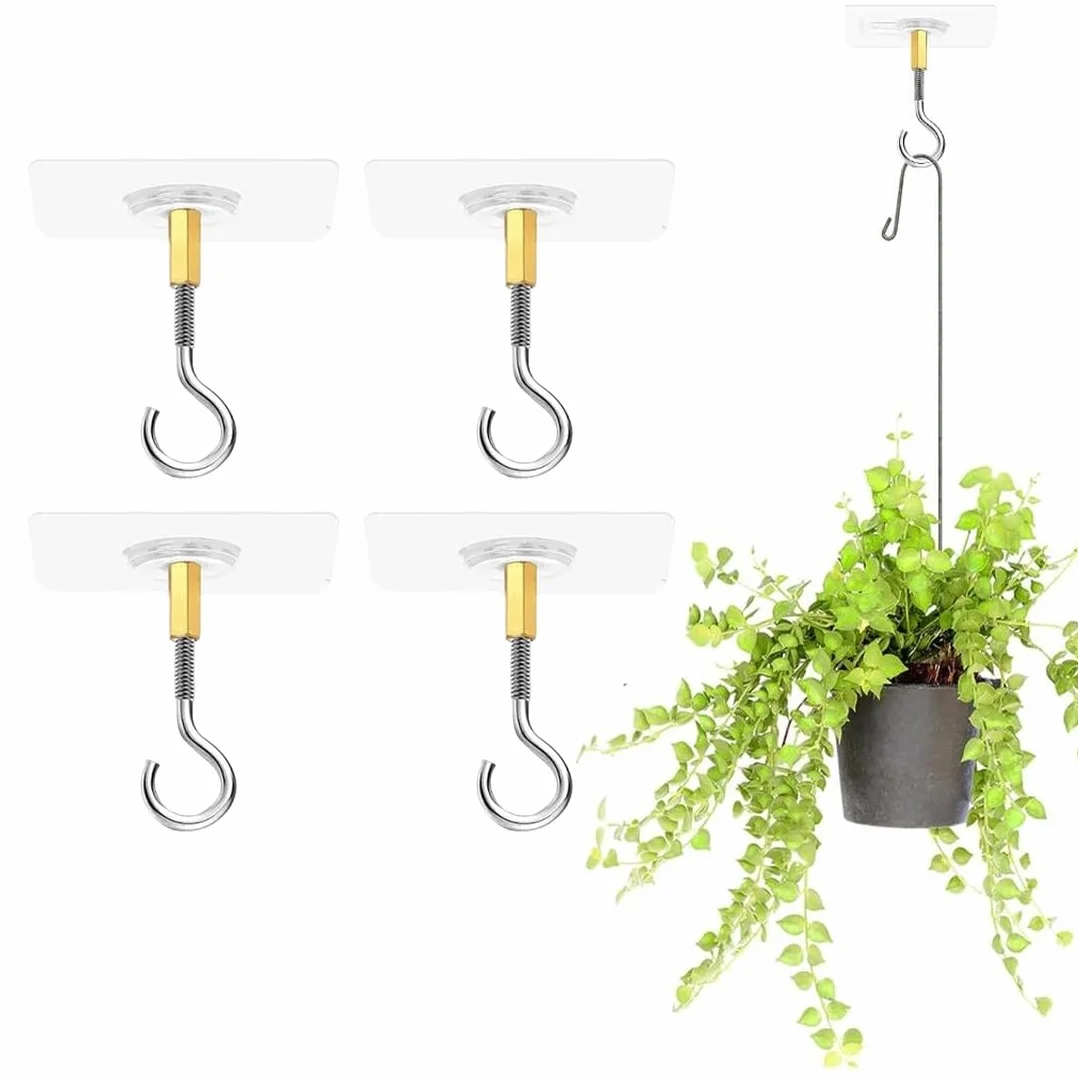 Crochets de Plafond Autocollants Sans Perçage Transparent, 4 Pièces, Acier Inoxydable pour Plantes Suspendues