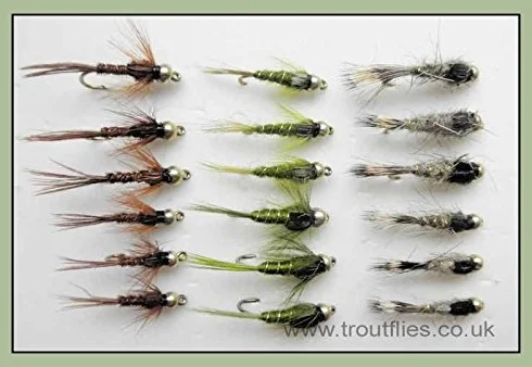 Lot de mouches de pêche - Nymphes à tête dorée, 18 plumes de queue de faisan, mouches oreille de lièvre couleur olive - Mélange de taille 10/12