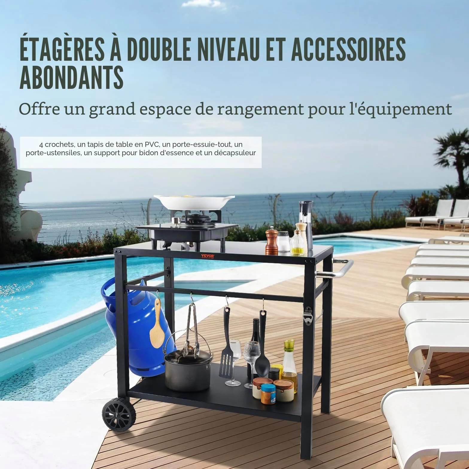 VEVOR Desserte Plancha 2 Niveaux Chariot Barbecue Table sur Roulettes 85x55x83,5 cm