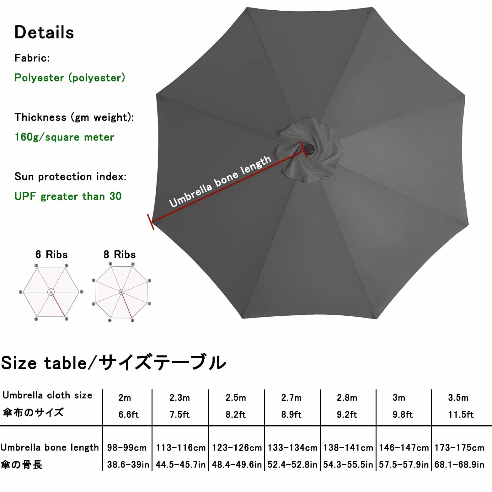 Auvent De Remplacement Parasol 3m 8 Baleines Protection UV Toile De Jardin Plage Beige