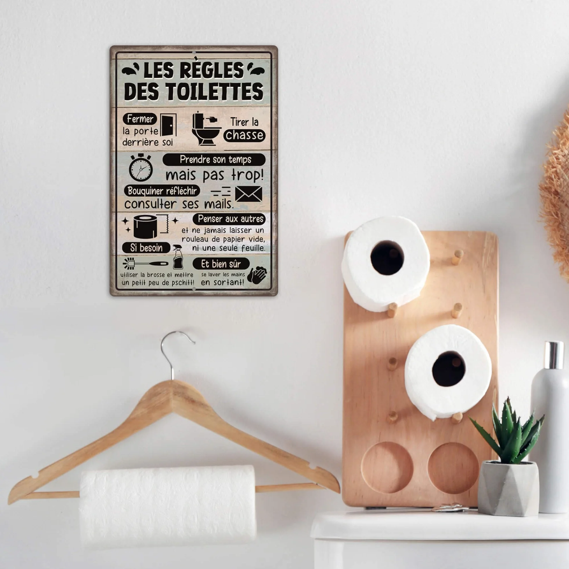 Plaque Métallique "Les Règles des Toilettes" avec Design Humoristique - Décoration Murale WC Salle de Bain 20x30 cm
