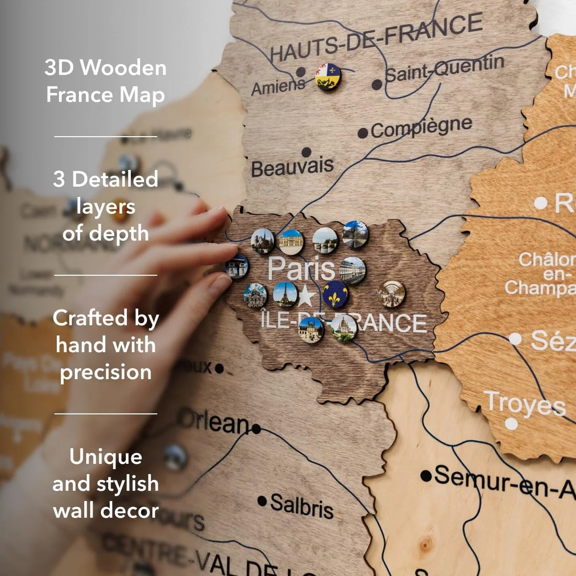 Carte de France Murale en Bois 3D - Décoration Bureau Artisanale - Idée Cadeau Voyage (Multicolor, S)