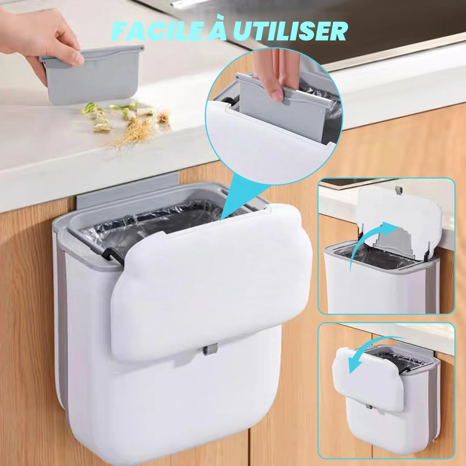 Poubelle de Cuisine Suspendue Pliable 10L Étanche avec Couvercle PP+TPA