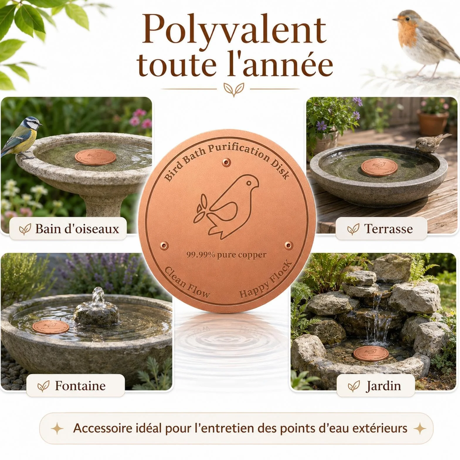 Disque de Nettoyage en Cuivre pour Bain d'Oiseaux avec Support Triple Point