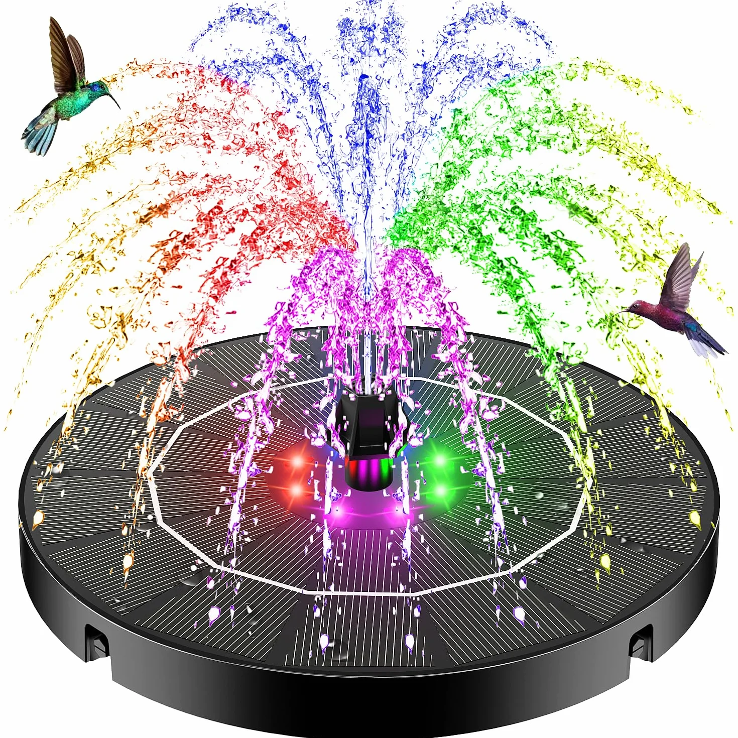Fontaine Solaire Exterieure de Jardin 3.5W LEDs Colorées 2200mAh Batterie Pompe Solaire Bassin 8 Buses pour Bain d'oiseaux