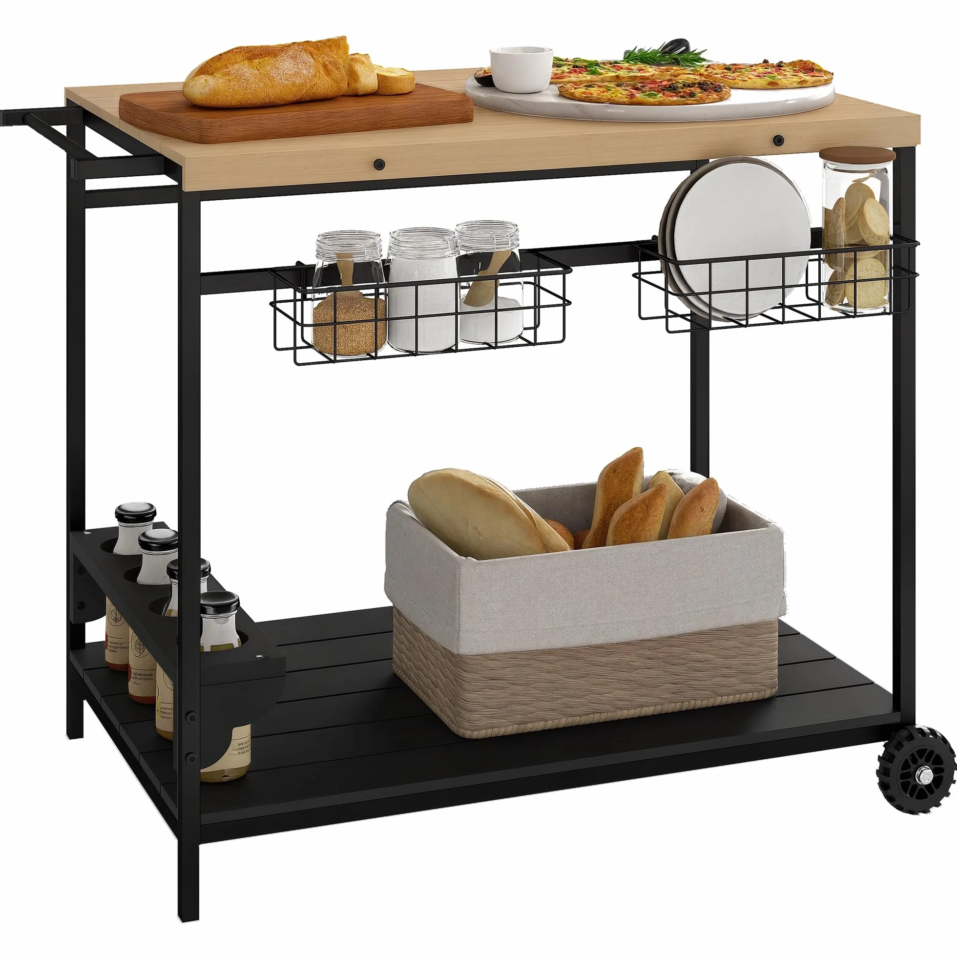 Outsunny Desserte de Jardin Chariot pour plancha Barbecue en Bois et métal 2 Plateaux 2 paniers Porte-Bouteilles 97,5L x 65l x 81H cm Naturel Noir