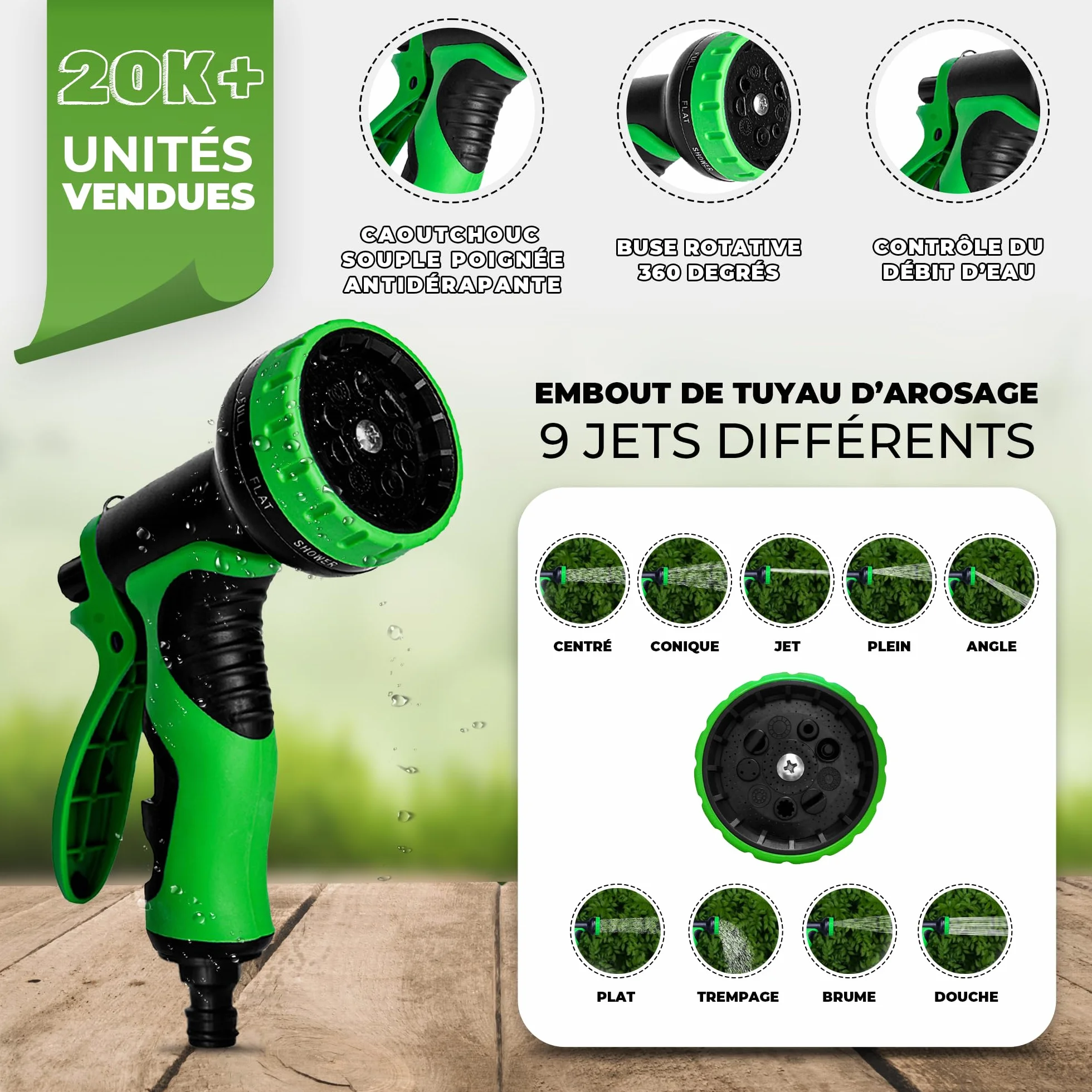 HOMEPROTEK Tuyau d'Arrosage Extensible 30m avec Adaptateurs 1/2'' 3/4'' et 9 Modes