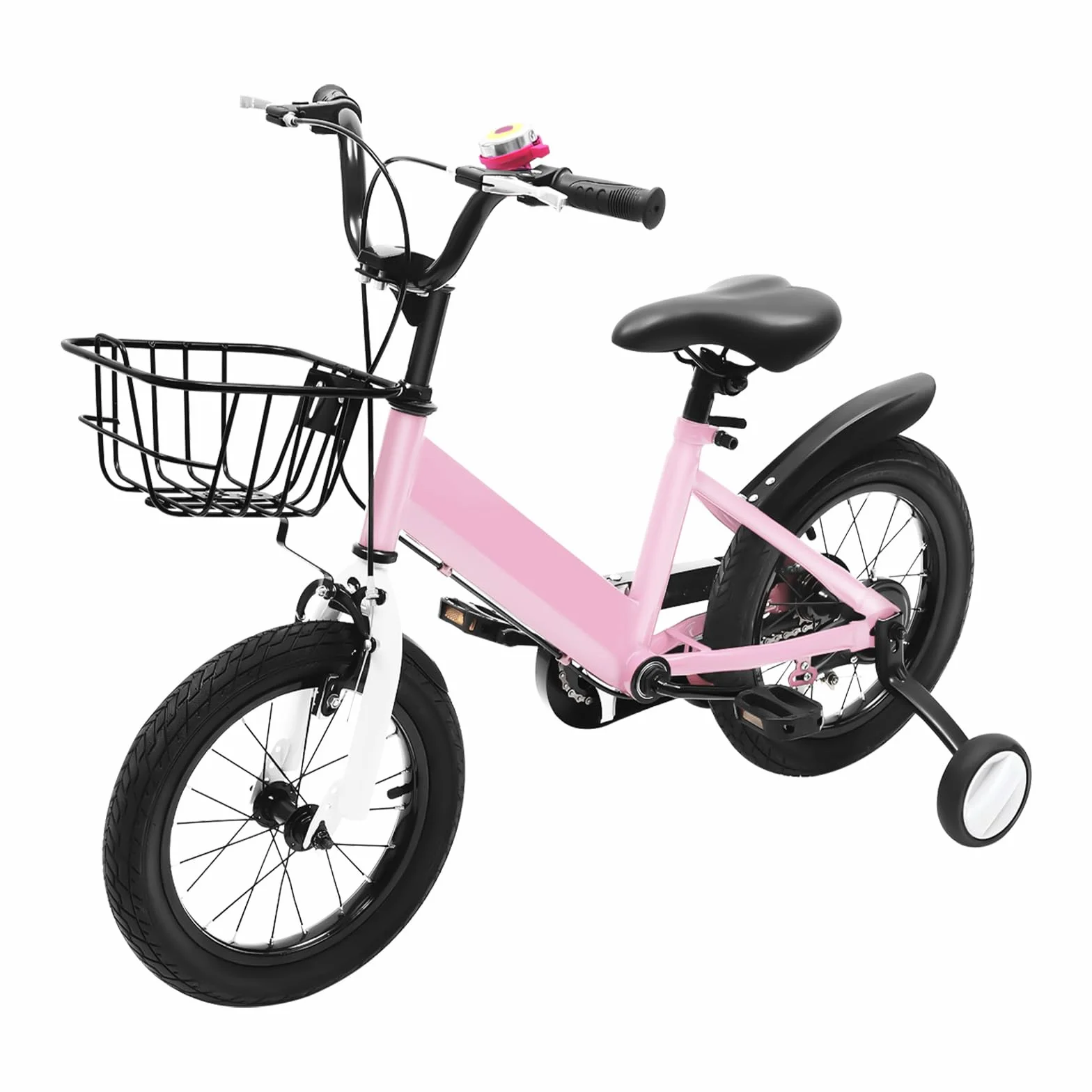 Vélo Enfant de 14 Pouces pour Garçons et Filles à partir de 3 à 7 Ans avec Roues Stabilisatrices et Panier - Hauteur Réglable - Rose