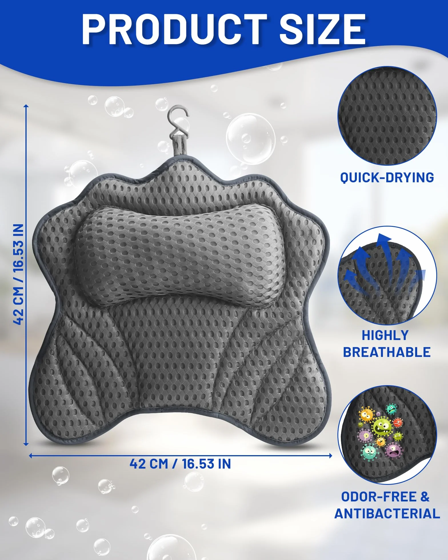 Oreiller de Bain Coussin de Baignoire Technologie 4D Air Mesh 6 Ventouses Puissantes