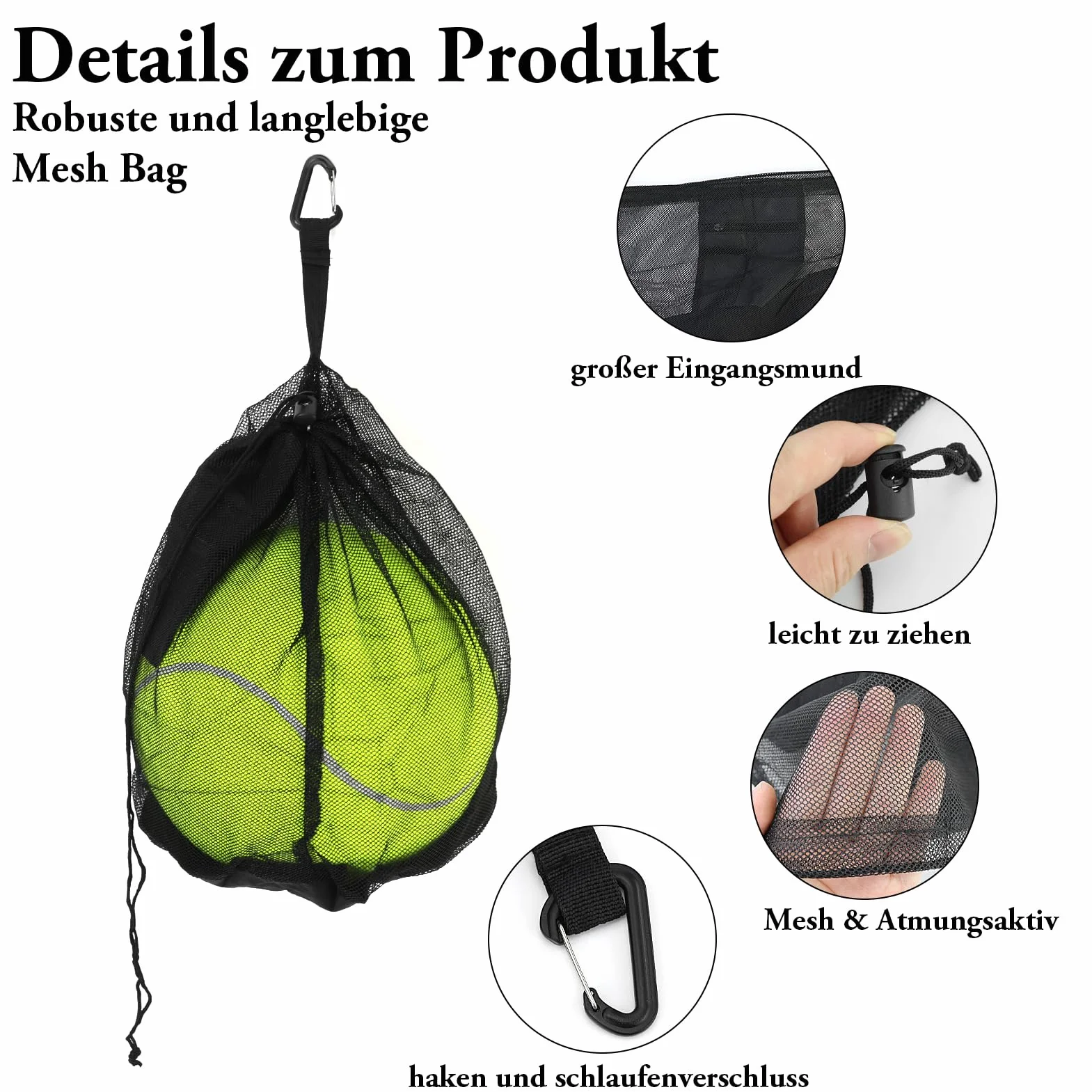 Sac à Ballon en Maille Filet,Portable et Pliable avec Cordon de Serrage et Mousqueton，pour 1 Ballon avec Poche zippée, Sac à Dos pour Basketball, Football, Handball, Volley-Bal