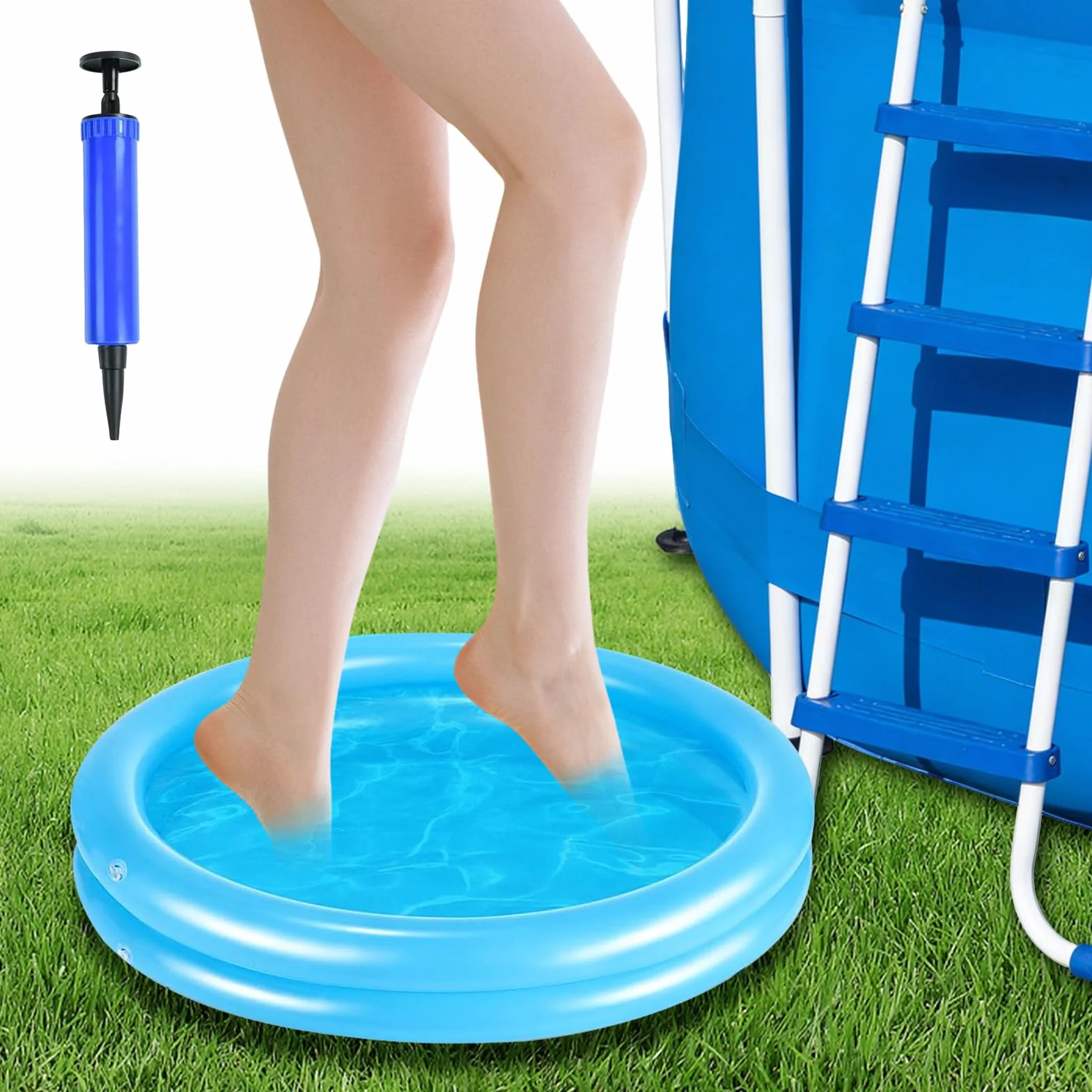 Pédiluve Piscine Gonflable 60 cm, Pompe à Air, PVC Résistant, Bleu