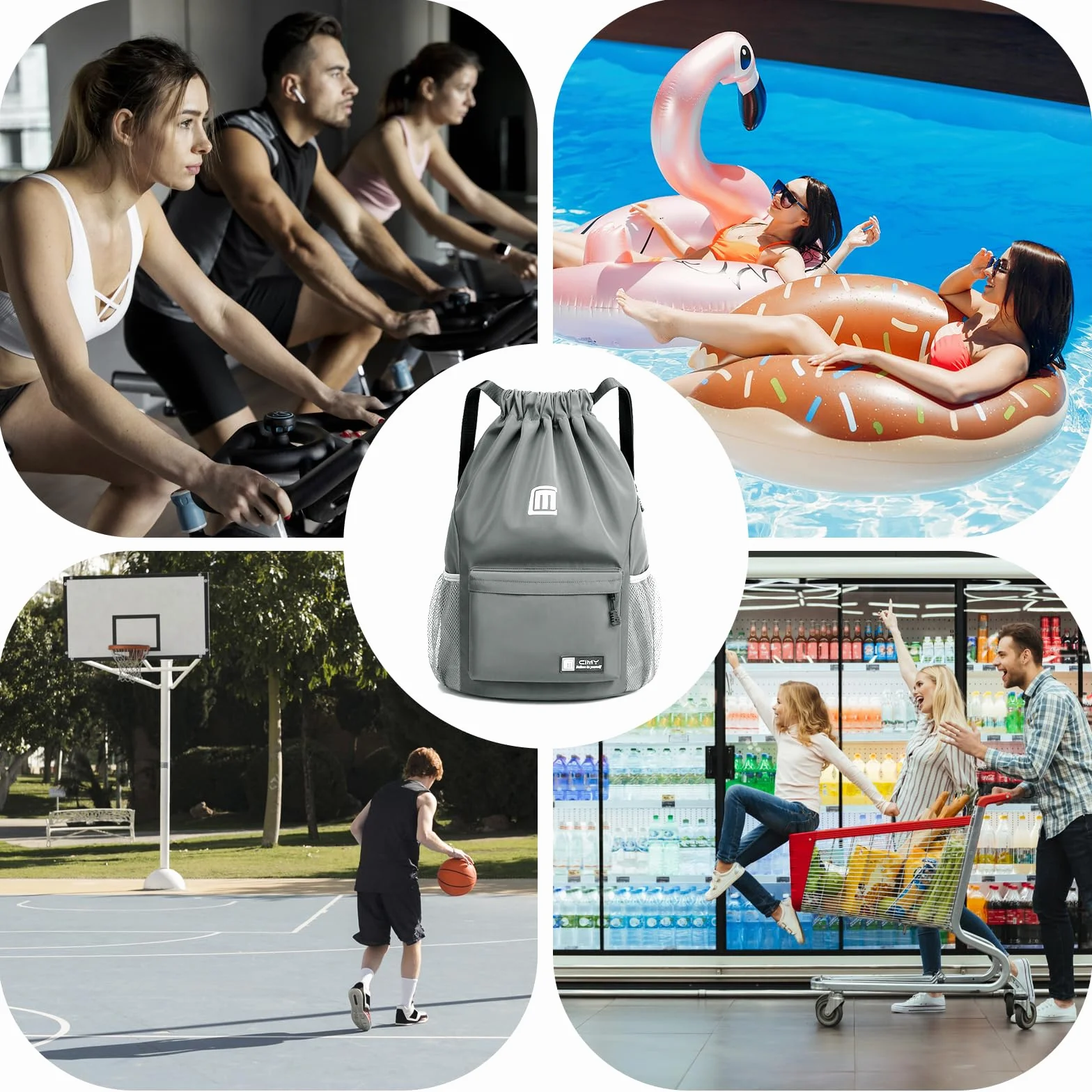 Sac à Dos Cordon Grand, Sac de Sport Imperméable pour Homme Femme Sac Cordon Sac à Dos pour Shopping Yoga Sport Voyage, Gris