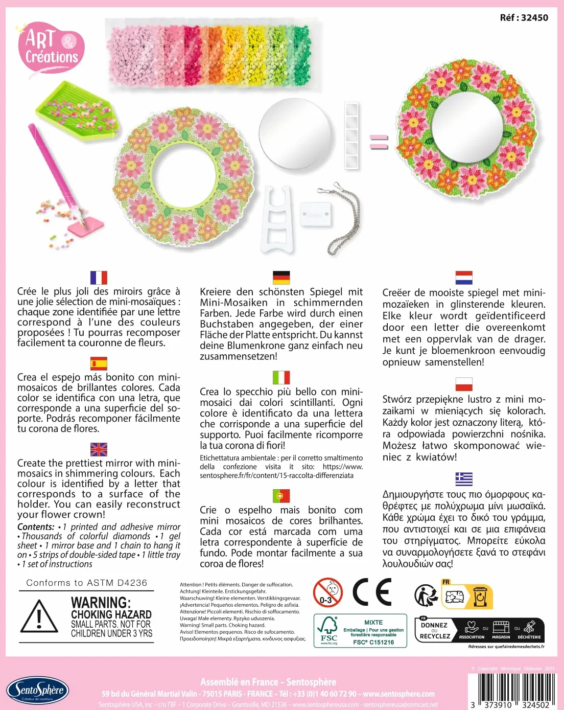 Sentosphère Miroir Mosaïque Fleurs Coffret créatif pour enfants dès 8 ans Kit complet avec cire adhésive crayon plateau 32450