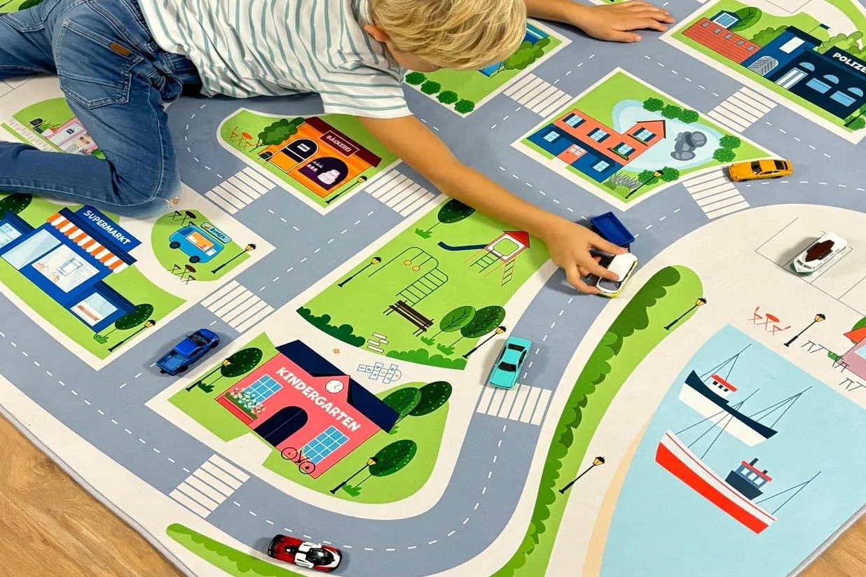 Tapis de Route Cute City pour Enfant – Tapis de Jeu avec Dos Antidérapant, Couleurs Vives, 200 x 140 cm