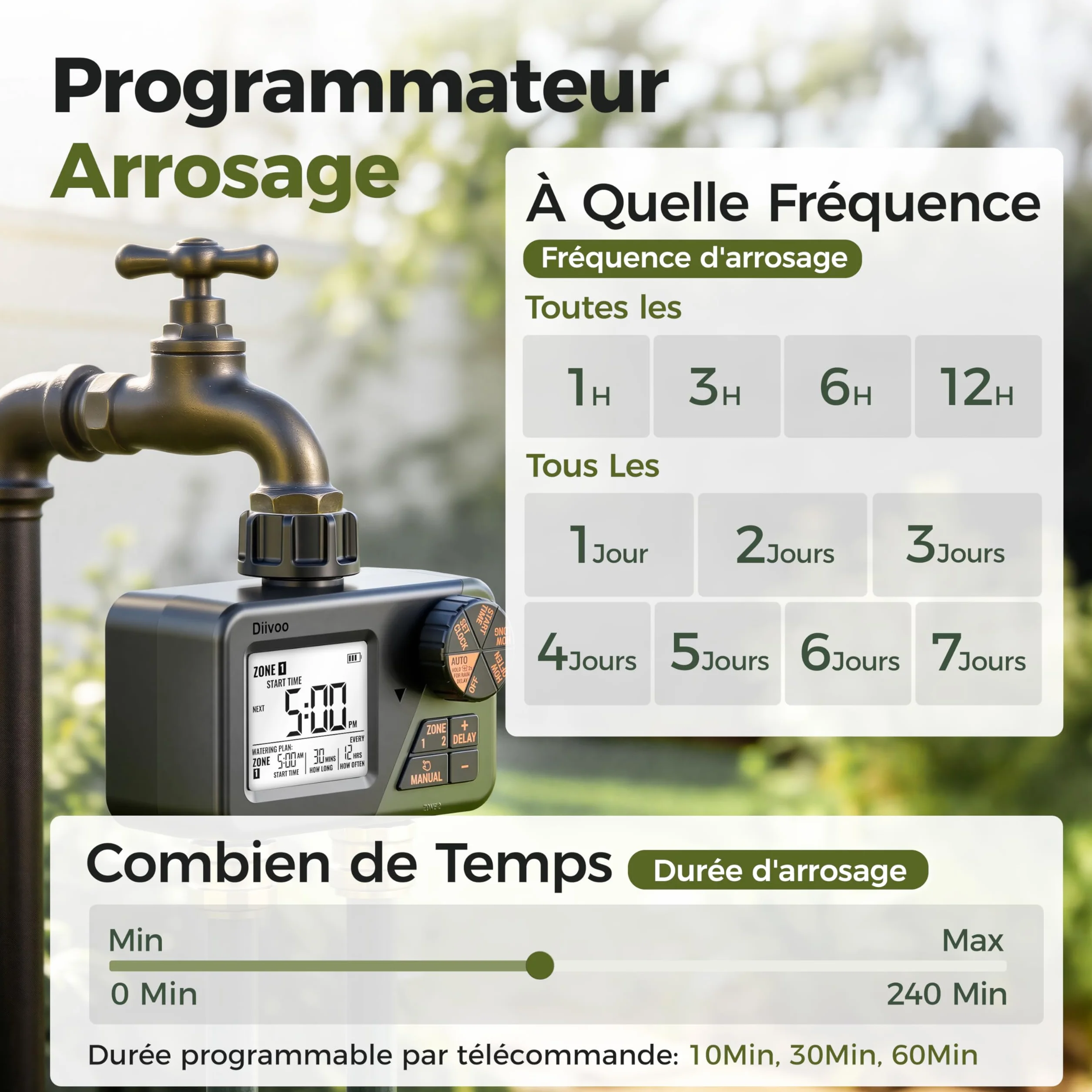 Diivoo RF Télécommande Programmateur Arrosage 2 Voies IP66 Grand Écran LCD