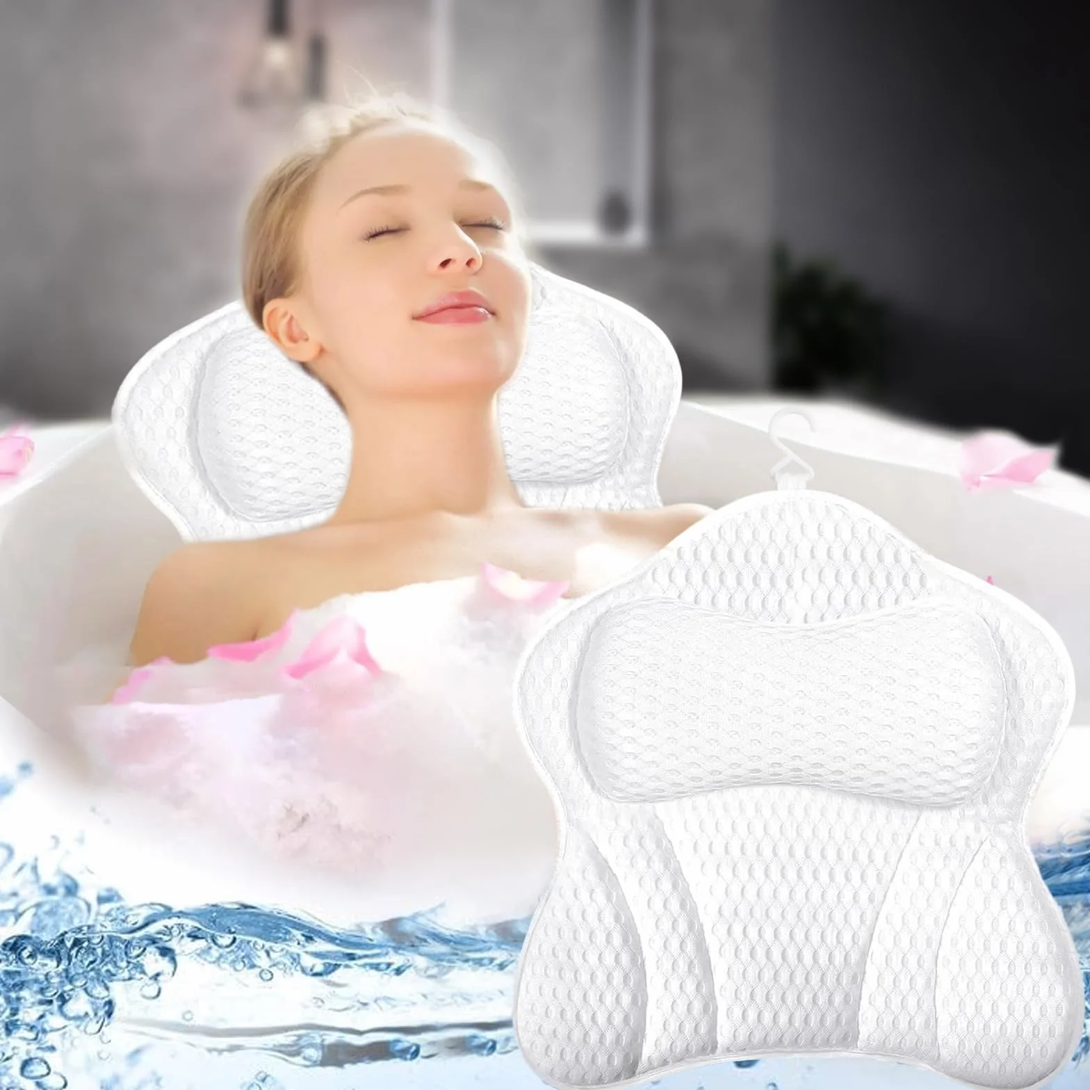 Oreiller de Bain Ergonomique 4D avec Ventouses Antidérapantes, Coussin de Baignoire Amovible, Repose-Tête, Accessoires de Bain Spa Blanc