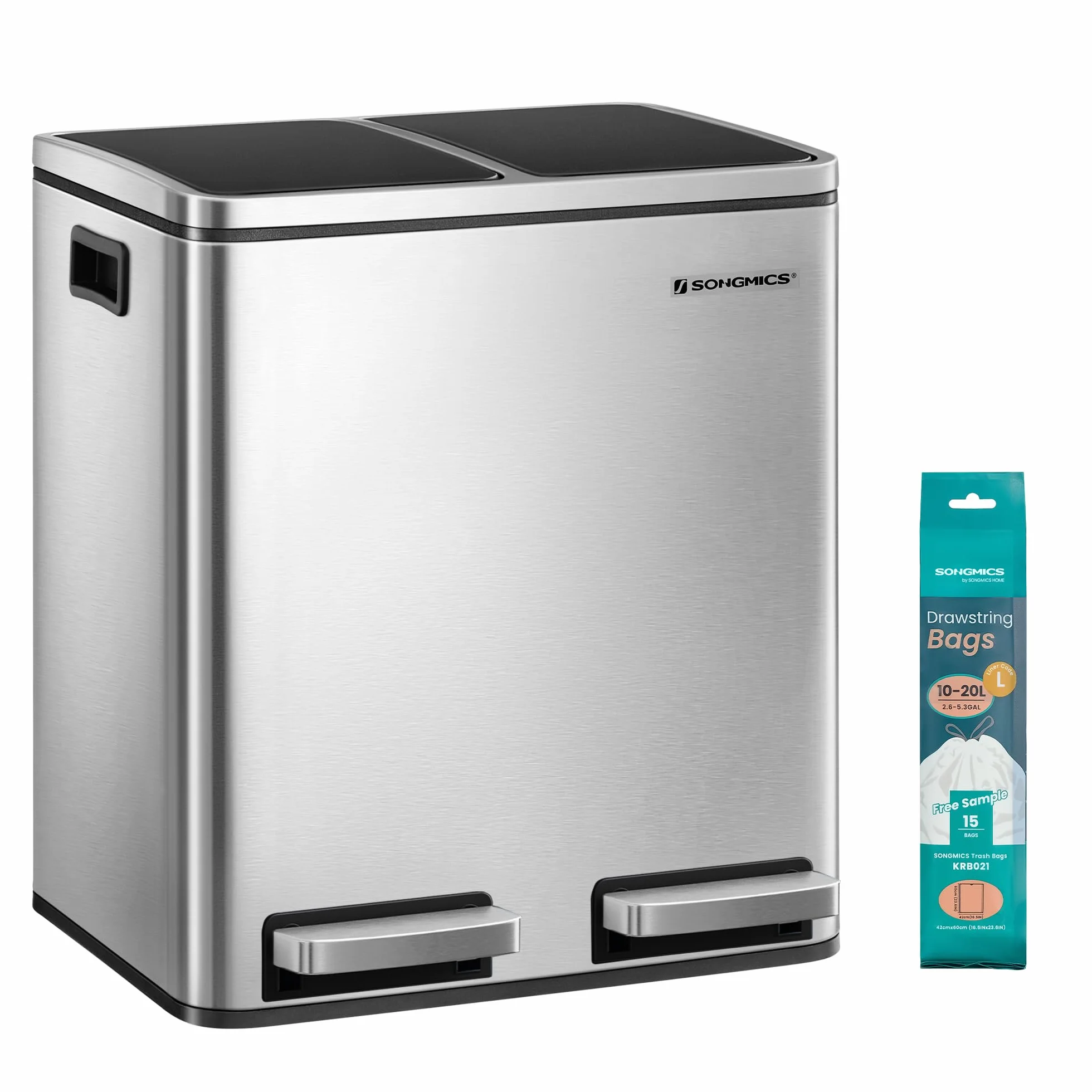 SONGMICS Poubelle Cuisine 2 x 15 L Tri Pédale Acier Argent Métallique Noir