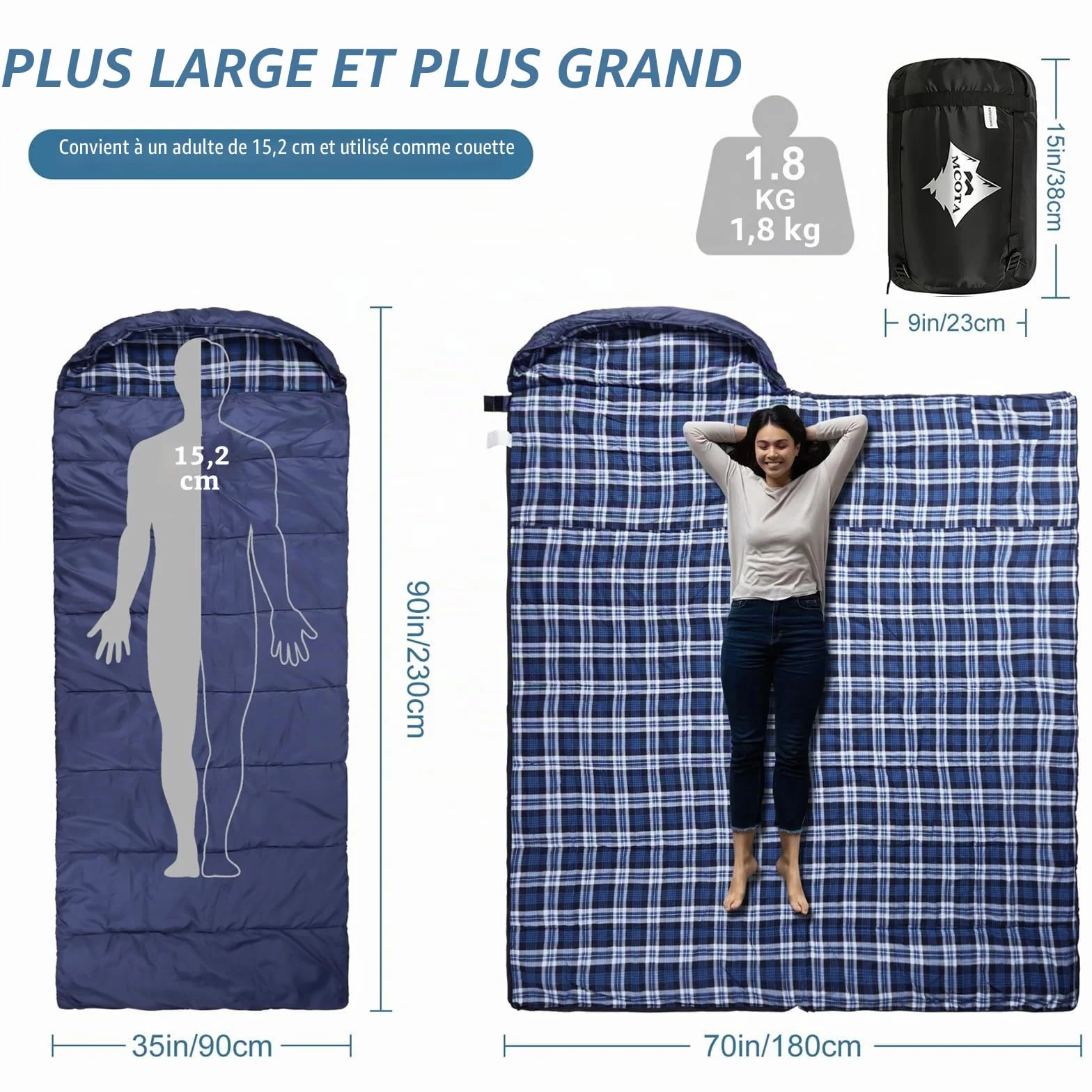 Sac de Couchage en Flanelle de Coton pour Adultes, 100% Coton, Camping, 3-4 Saisons