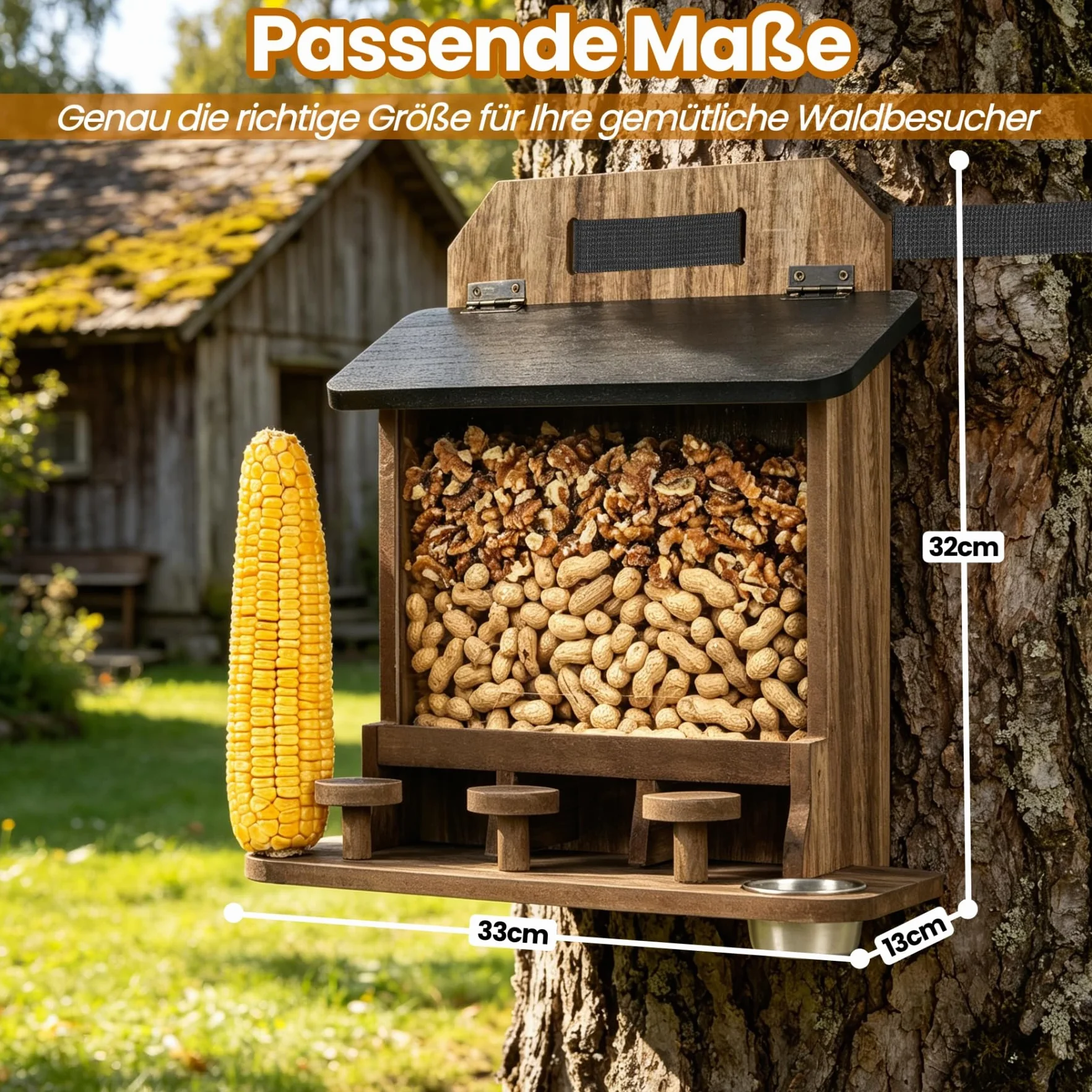 Mangeoire pour écureuil en bois résistante aux intempéries avec table de pique-nique et support pour épis de maïs