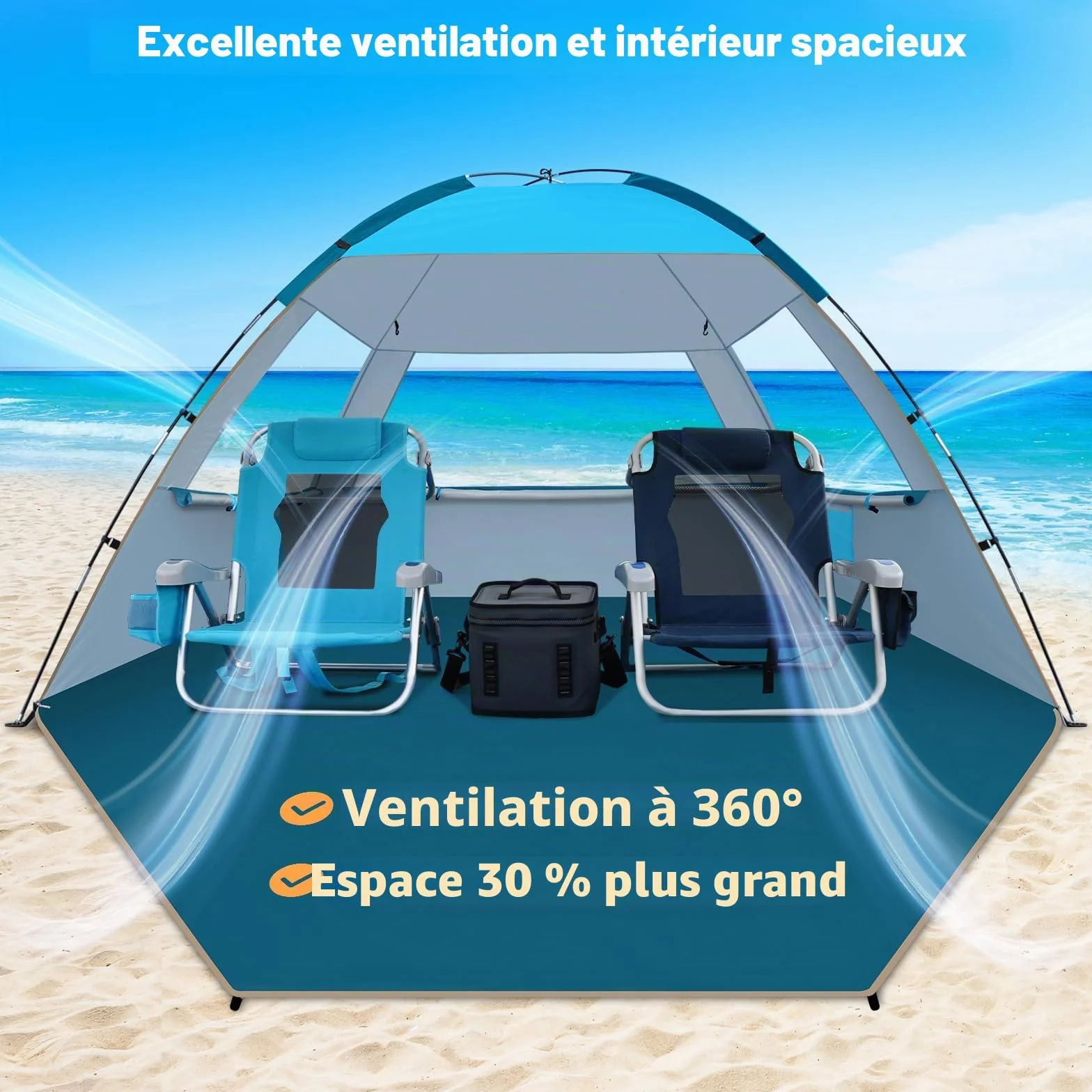 COMMOUDS Tente de Plage Anti UV pour 3-4 Personnes, Familiale, Facile à Installer Et à Transporter - Parasol pour Camping, Pêche, Extérieur