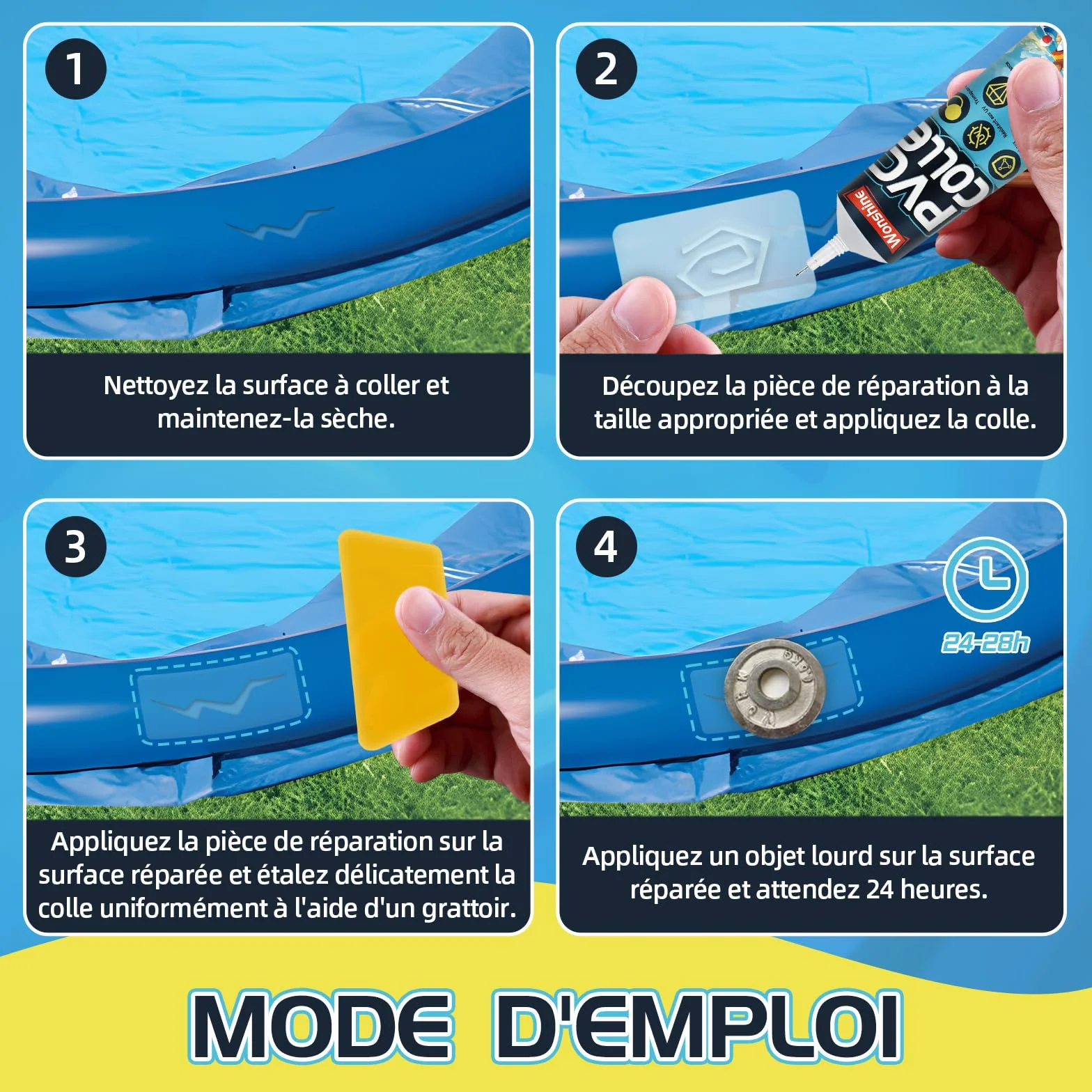 Kit de Réparation Piscine, Rustine Transparente, Colle PVC 60 ML
