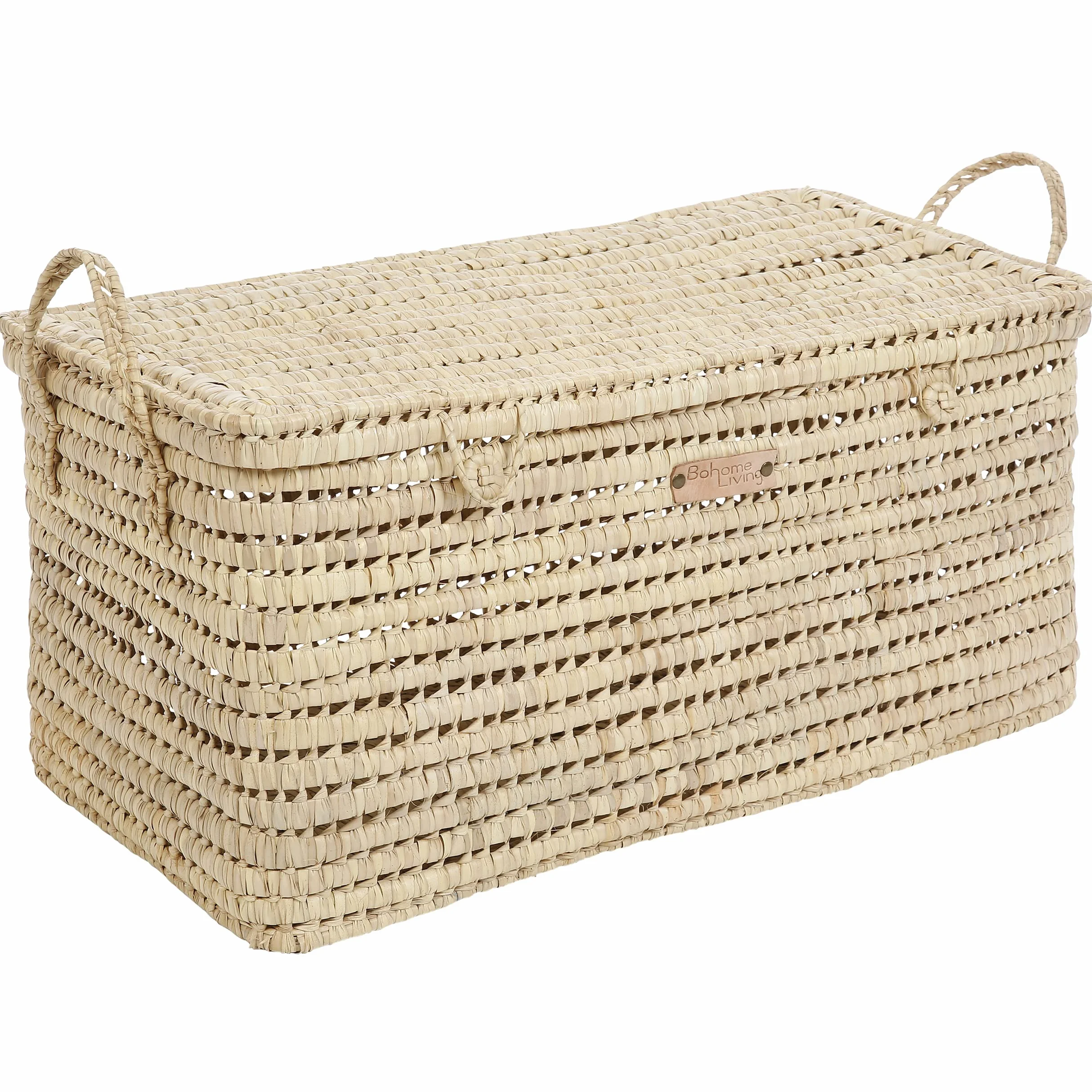 Coffre de Rangement Osier Tressé 80cm Déco Bohème Chic