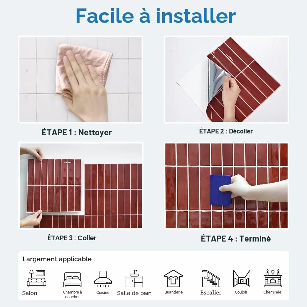 Crédence Adhésive Cuisine Rouge foncé 10 Pièces Carrelage Adhesif Mural Salle de Bain Vinyle 3D Métro Autocollant imperméable 30,5x30,5cm