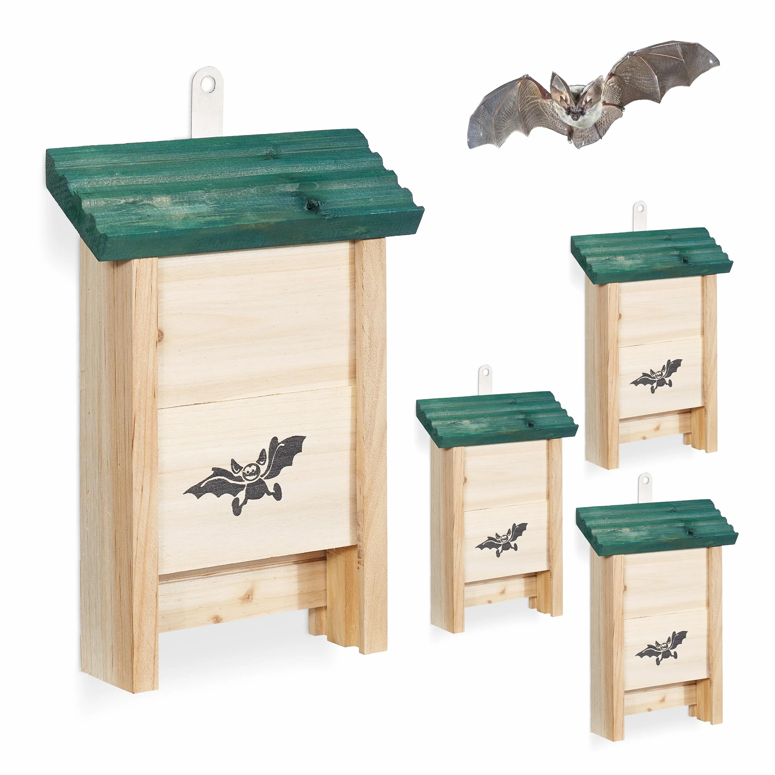 Relaxdays Nichoir à Chauves-Souris Lot de 4 Bois Non traité 25 x 18 x 6 cm Naturel Vert