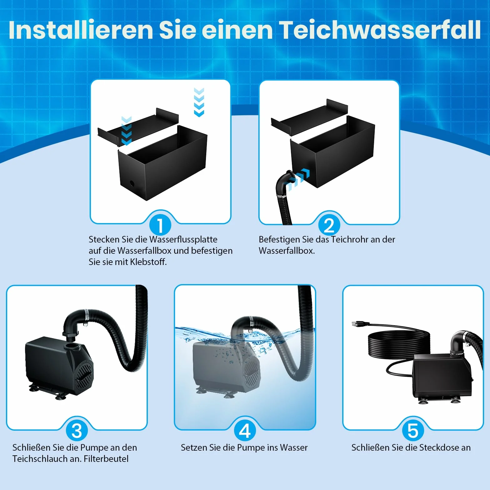 Pompe de bassin Biling Kit cascade 30 cm acier inoxydable 40 W 2500 l/h