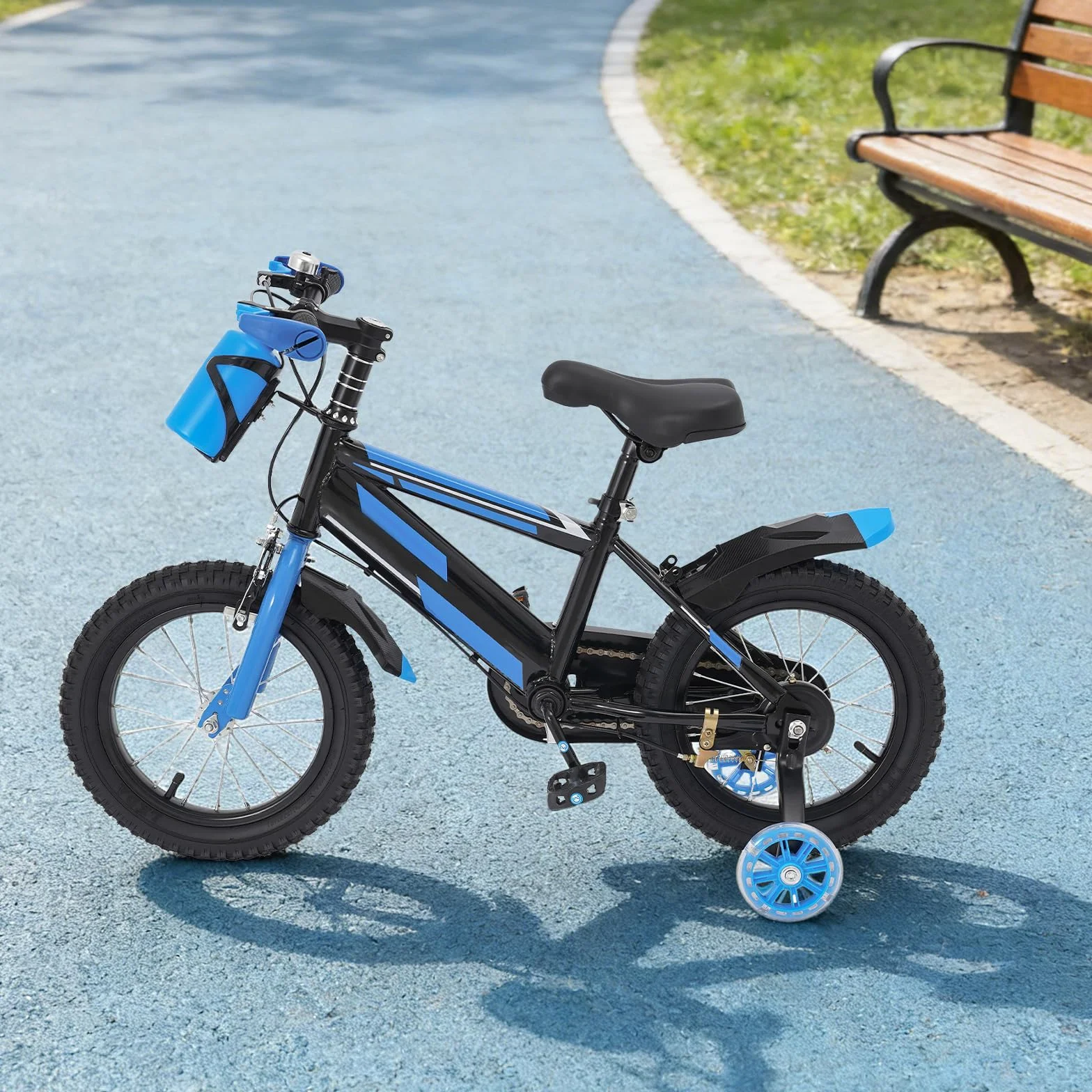Vélo pour enfant de 14 pouces, pour garçons et filles à partir de 3 à 7 ans, vélo avec roues stabilisatrices et bouteille d'eau, hauteur réglable, double système de freinage, vélo en acier au carbone