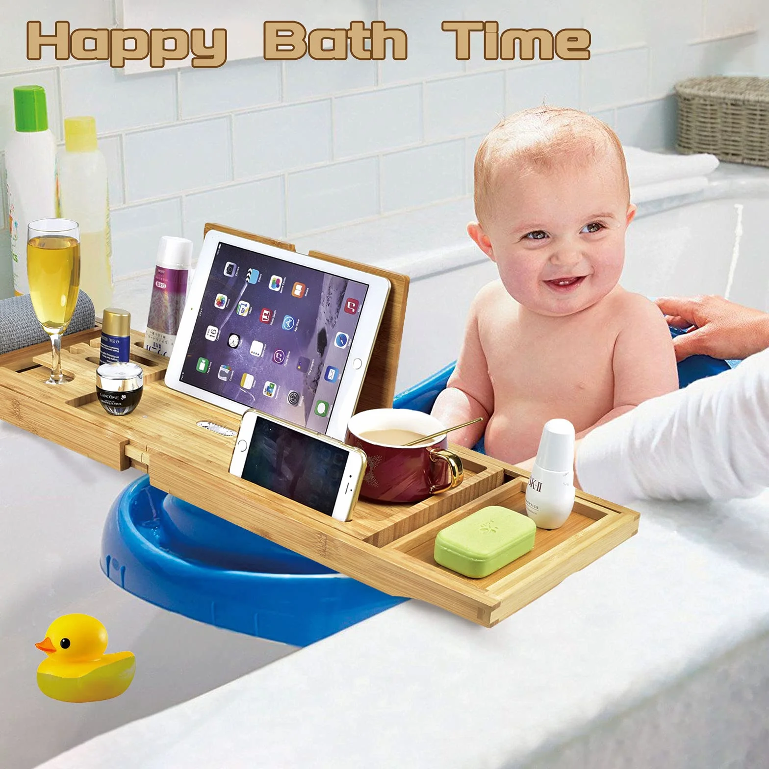 Plateau de Baignoire Bambou Pliable Pont Tablette avec Support Verre Vin iPad 75-105 x 23 x 3 cm