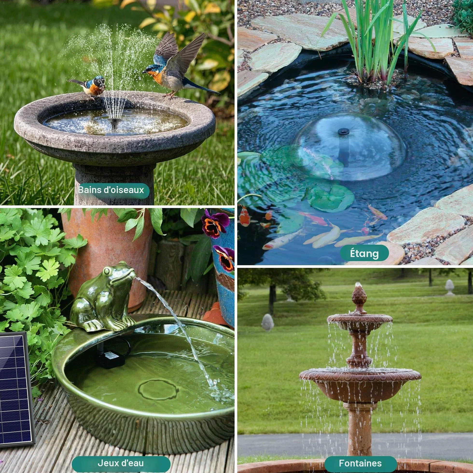 Fontaine Solaire 8 W Extérieur avec Batterie 3600 mAh Pompe Bassin Filtre Flottante ABS