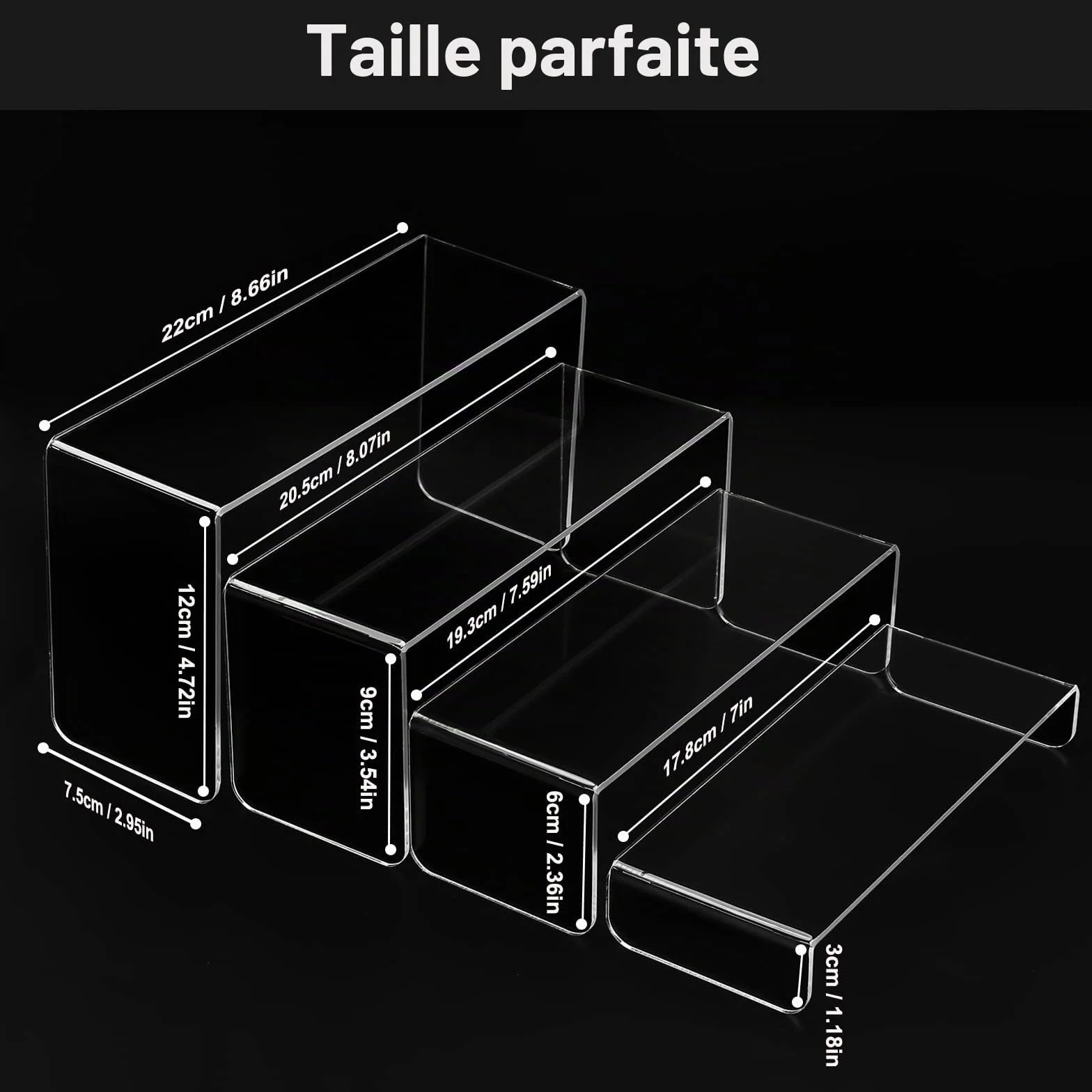 Lot de 8 rehausseurs en acrylique transparent à 4 niveaux, support multifonction pour cupcakes, cosmétiques, objets de collection (Rectangulaire)