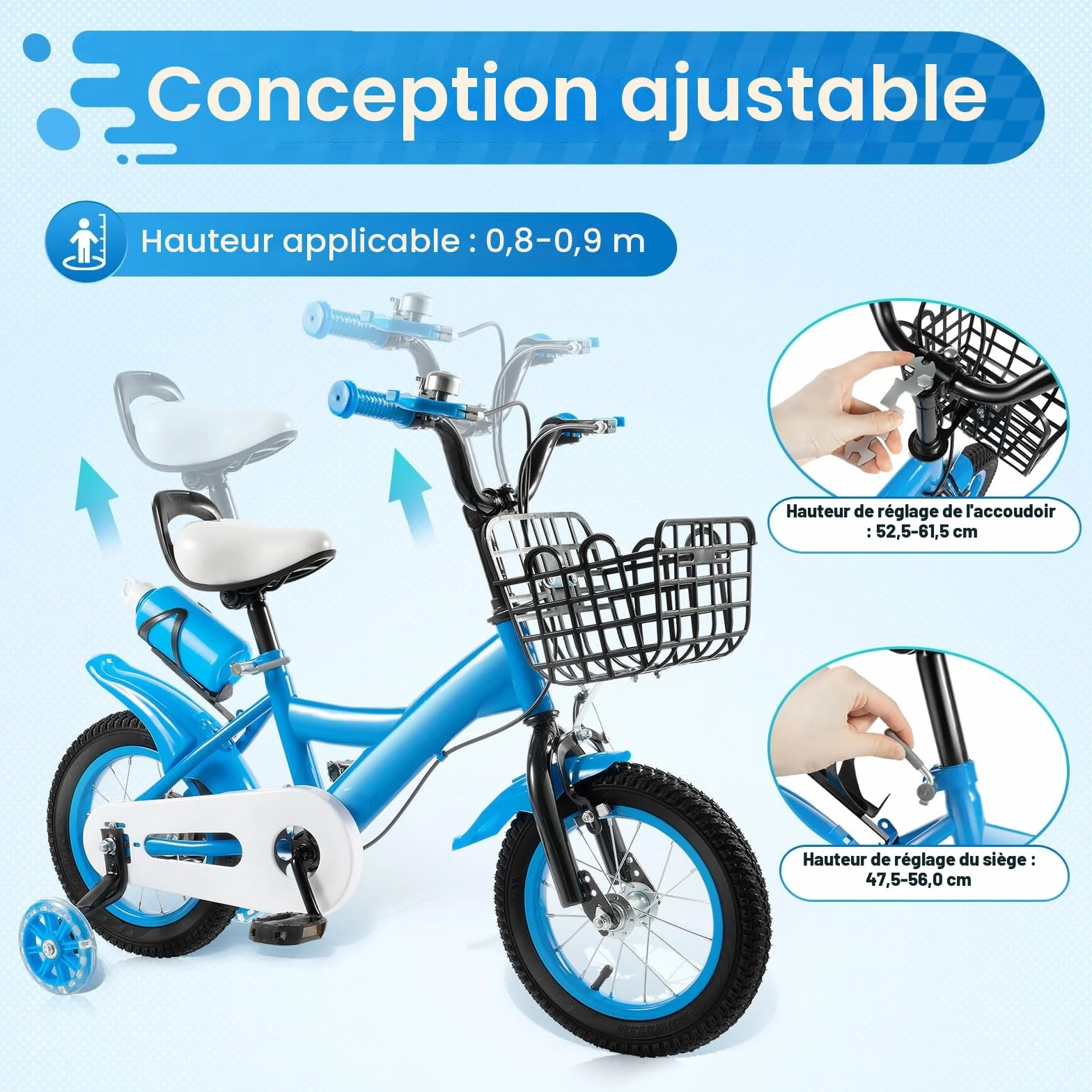 Vélo pour enfant de 12 pouces, avec roues stabilisatrices et panier, pour garçons & filles à partir de 2-4 ans, siège réglable en hauteur, guidon, capacité de charge de 40 kg, cadre robuste en